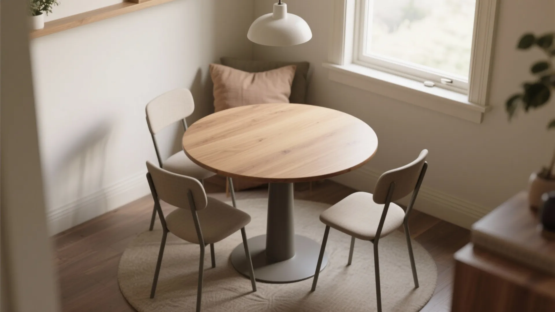 1. Round pedestal table + armless chairs