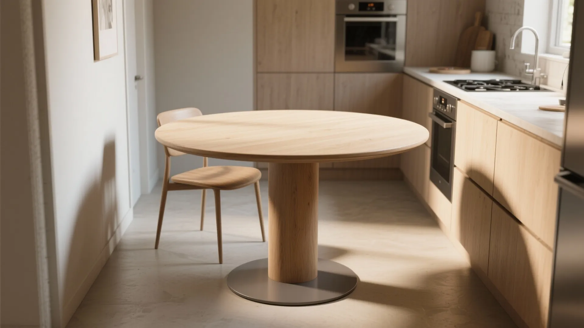Round wooden dining table with a thick base and one matching chair in modern kitchen
