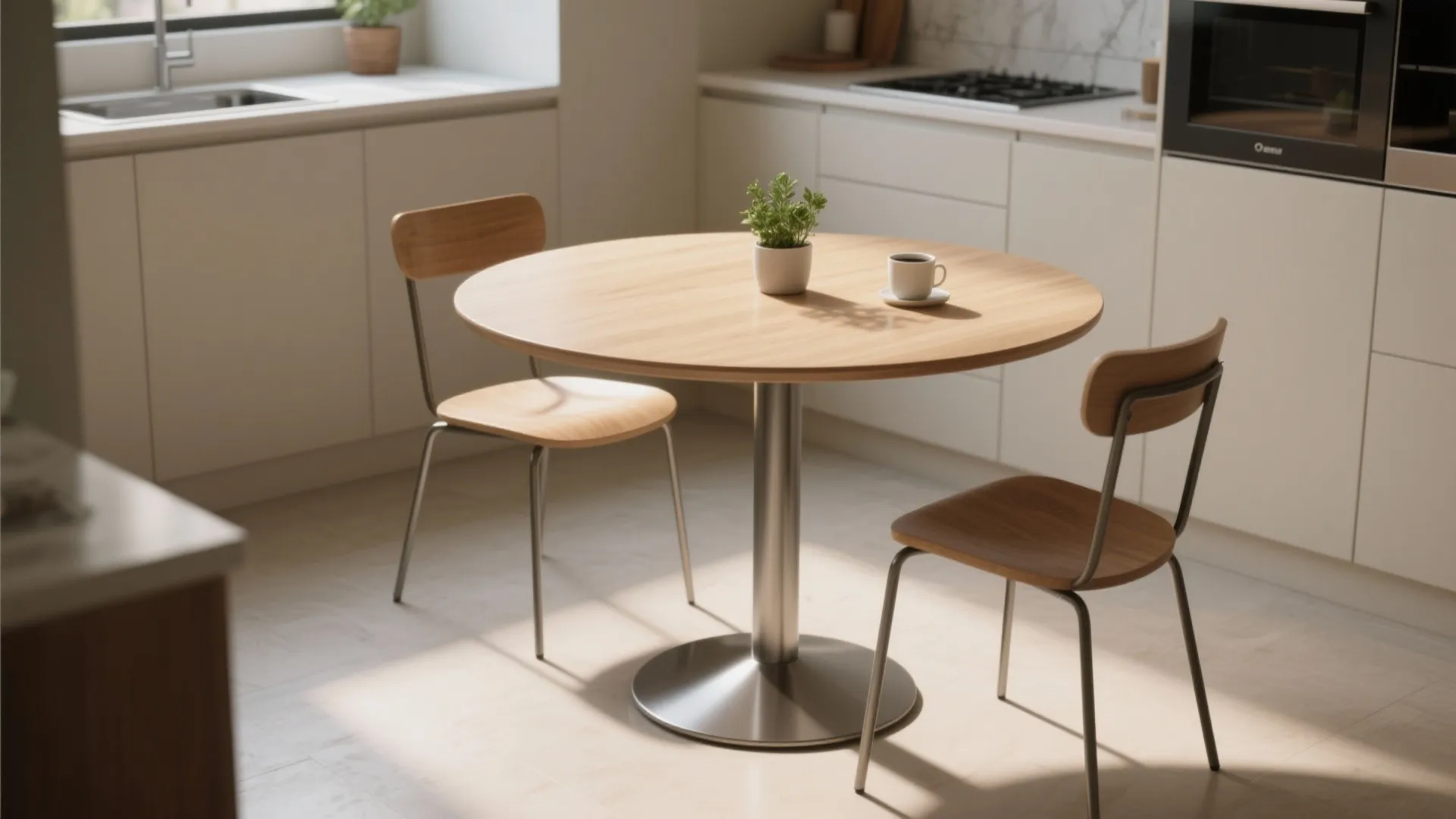 Small round wooden dining table with two metal chairs in a bright modern kitchen interior