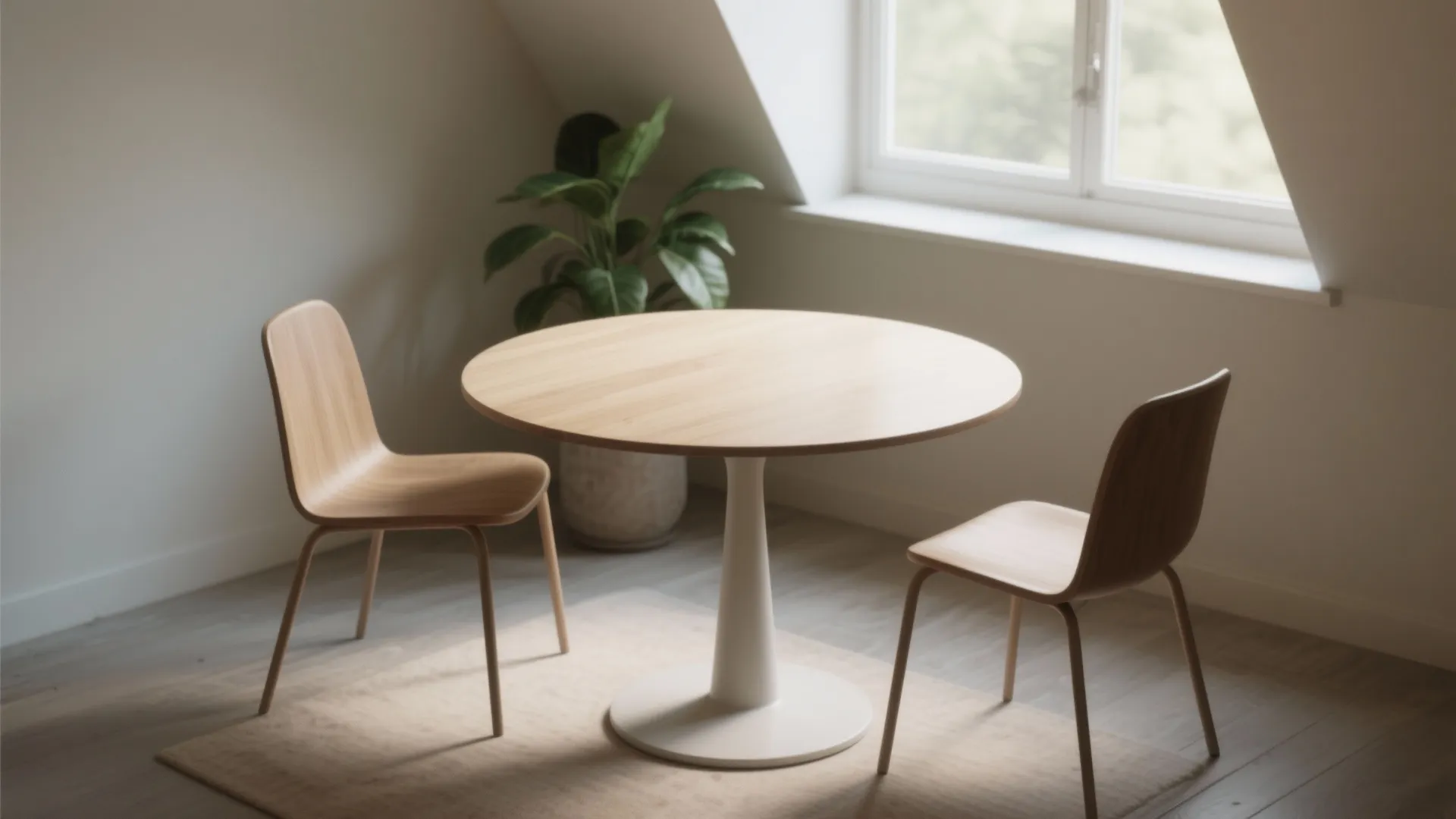 Round wooden table with white base and two chairs on rug near window and plant