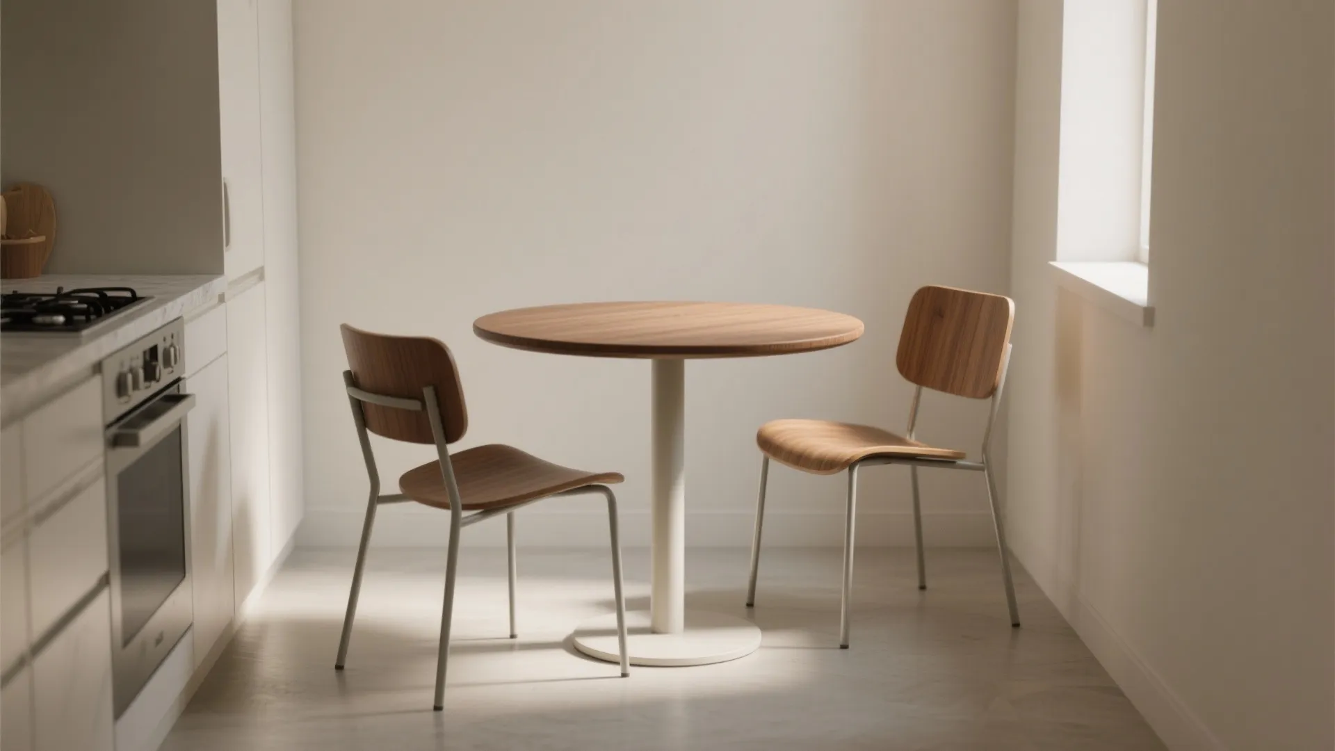 Small round pedestal table with two chairs in a narrow kitchen to maintain flow.