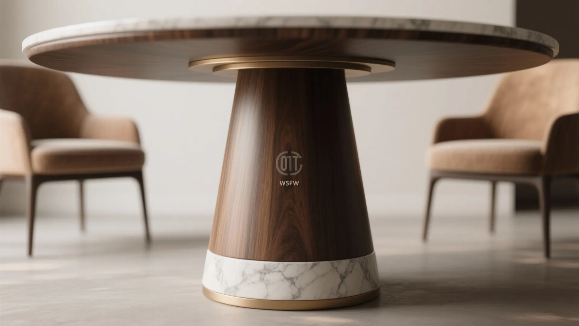 Close-up of a round pedestal table base showing leg clearance and material texture.