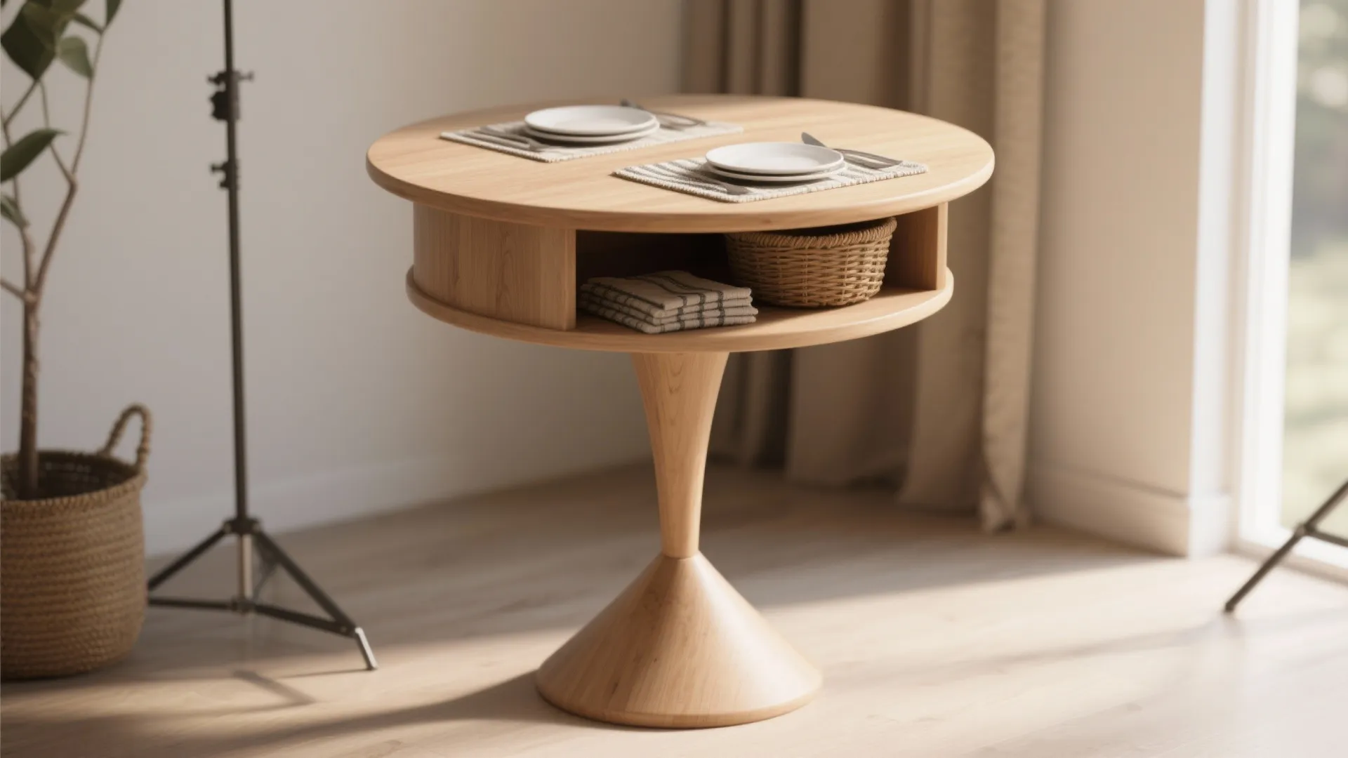 Round wooden table with center storage shelf holding napkins and plates in bright sunny room
