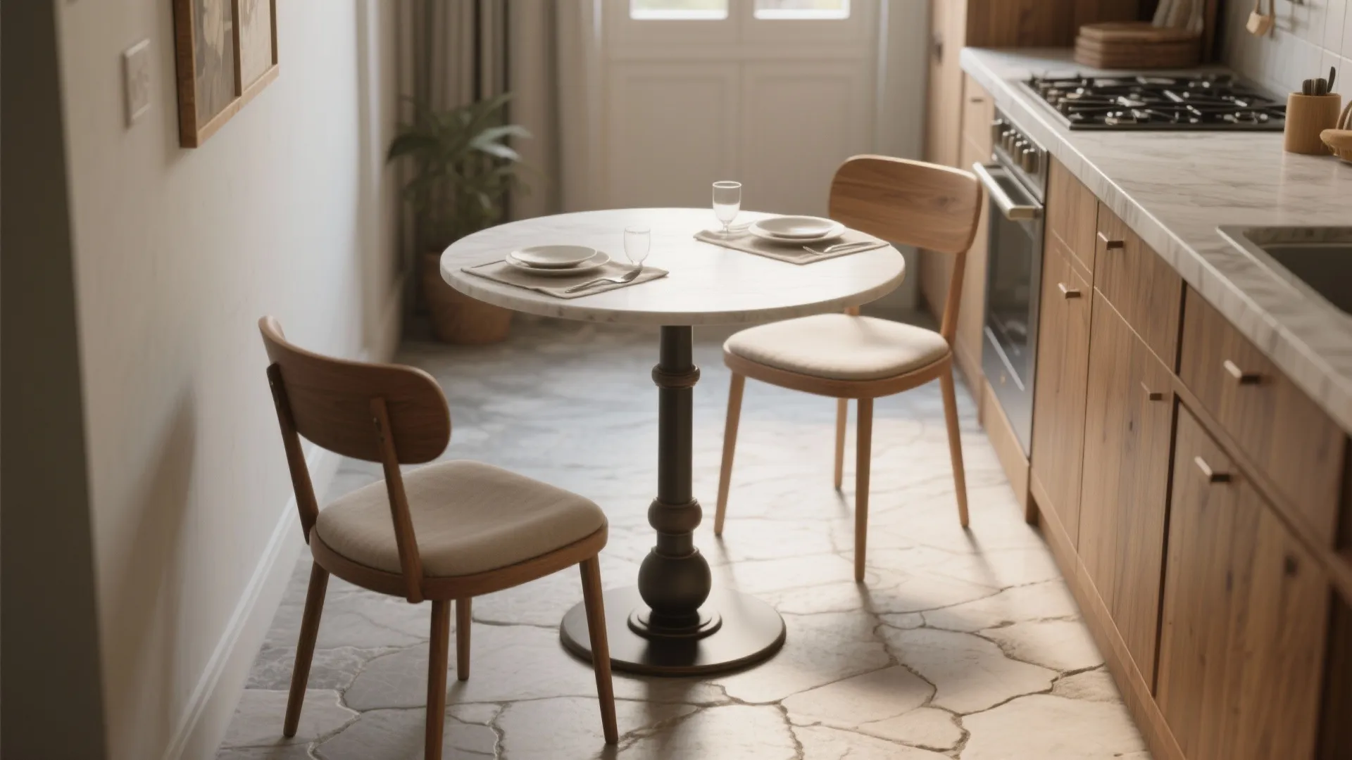 Small round marble dining table with two chairs on stone floor in a bright kitchen