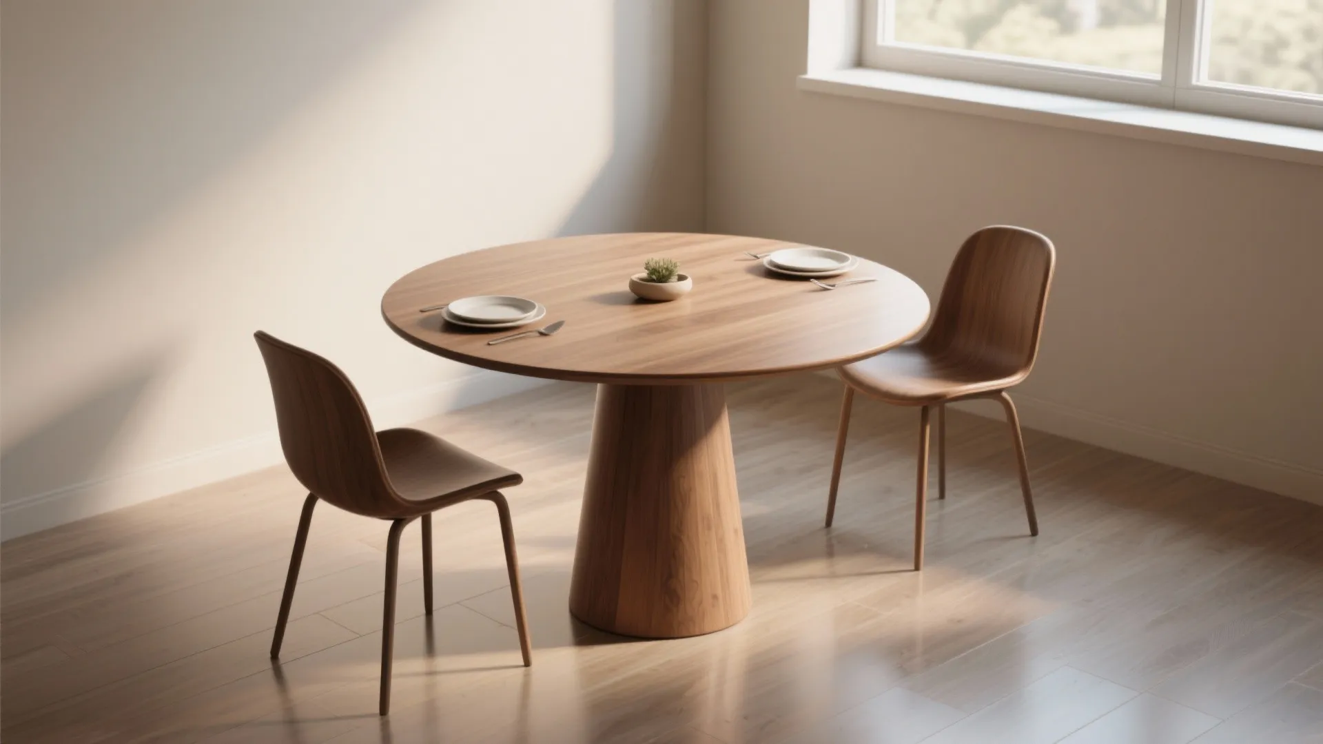 Minimalist dining room with round wooden table two chairs natural sunlight and light wood flooring