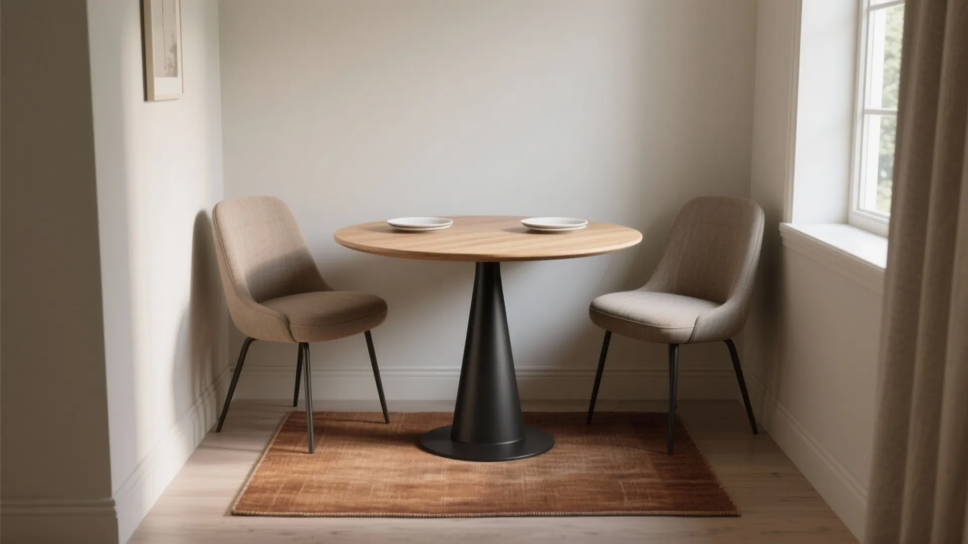 Round wooden dining table with black base two tan chairs and a small brown rug