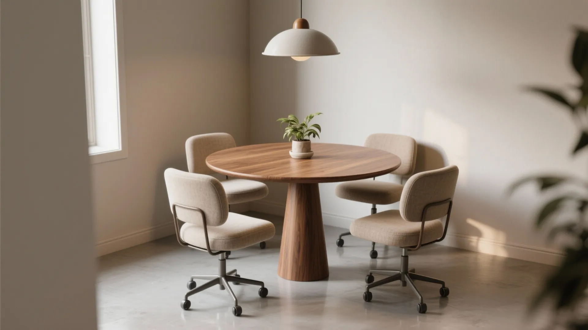 3. Round pedestal table with swivel chairs