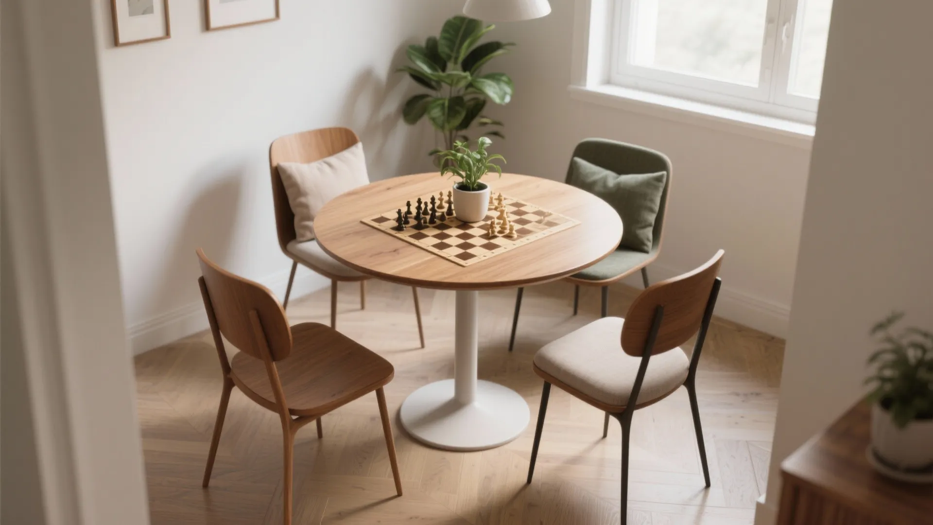 Round wooden dining table with white pedestal base surrounded by four chairs and chess board