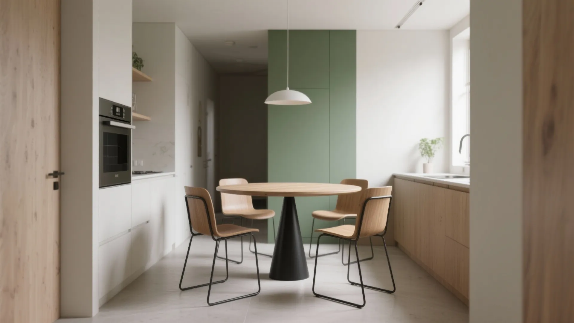 Narrow kitchen with a round pedestal table and slim chairs, showing good circulation