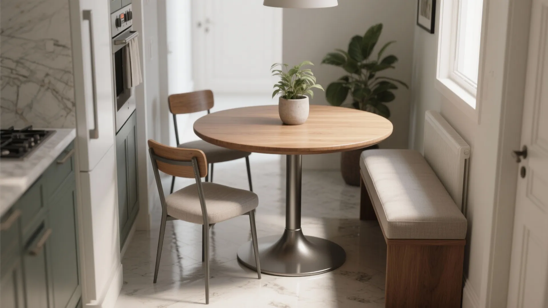 Round wooden dining table with pedestal base and two chairs next to padded wall bench