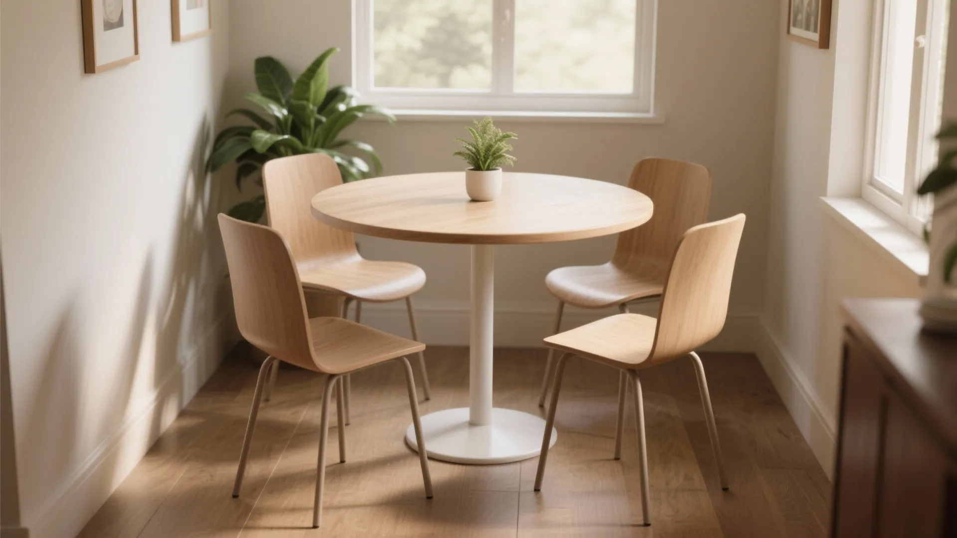 Round wooden dining table with four matching chairs in a bright room with natural light
