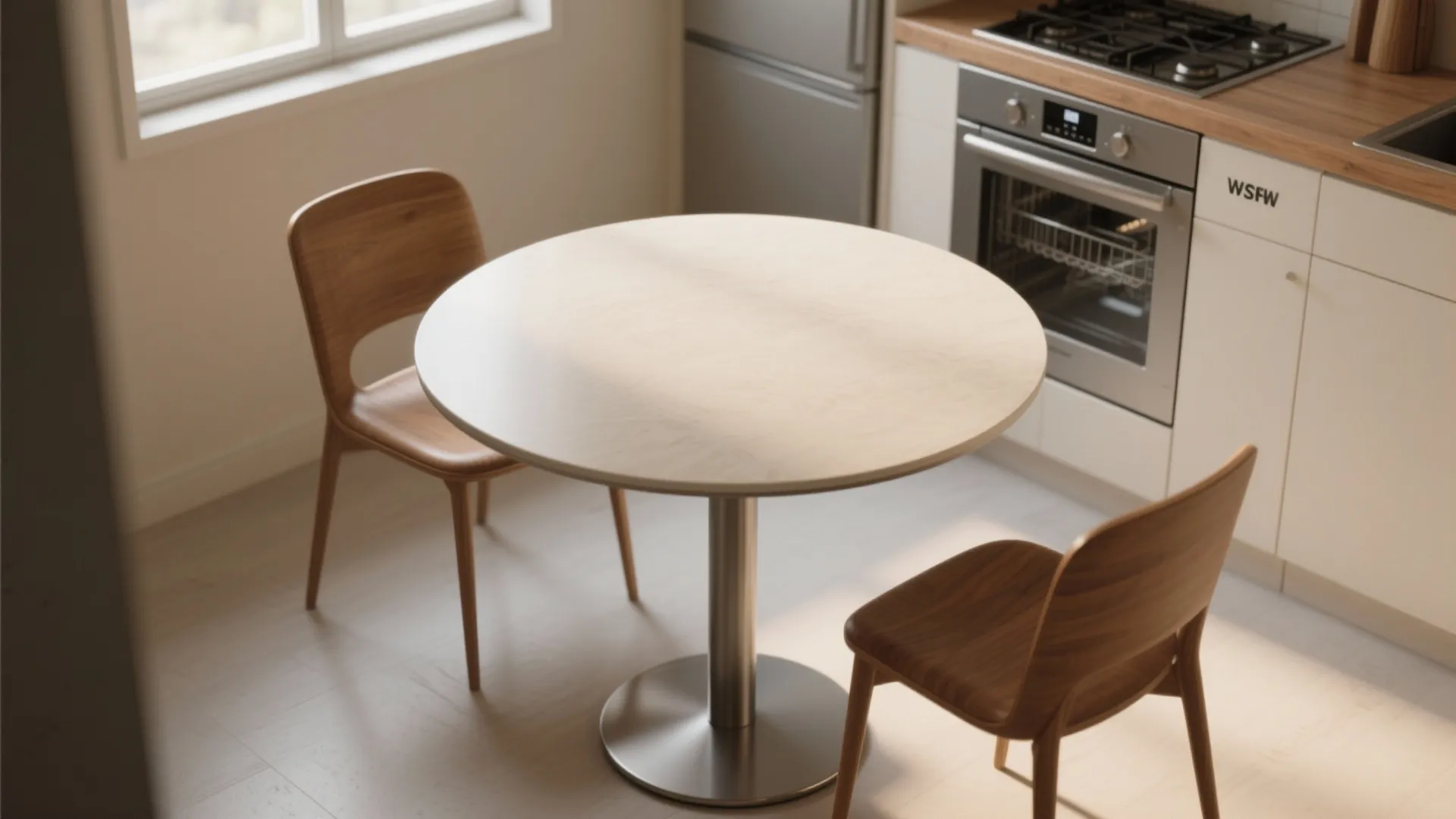White round dining table with metal base and two wooden chairs in a modern kitchen