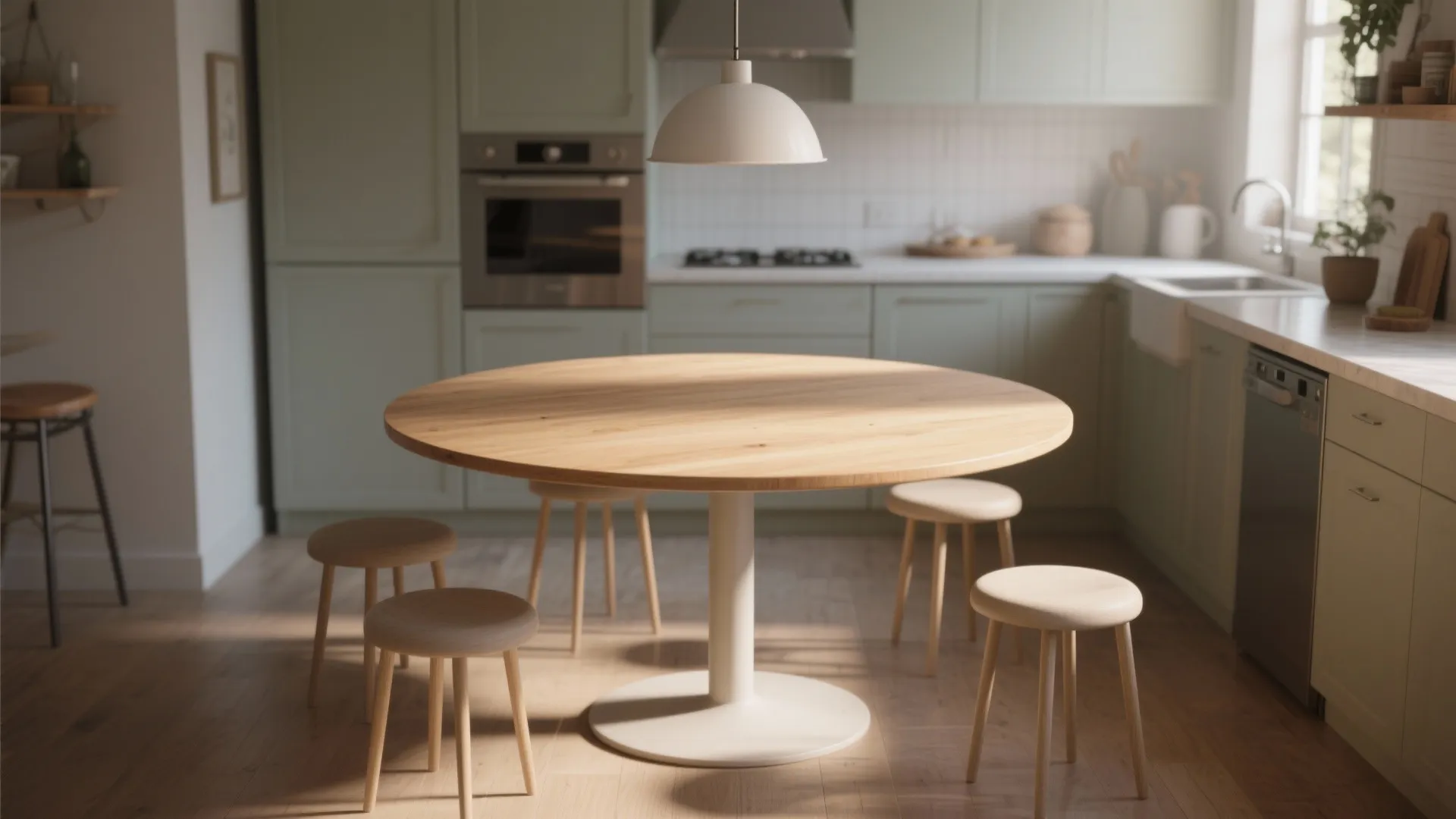 Round wooden dining table with pedestal base surrounded by four small stools in modern kitchen