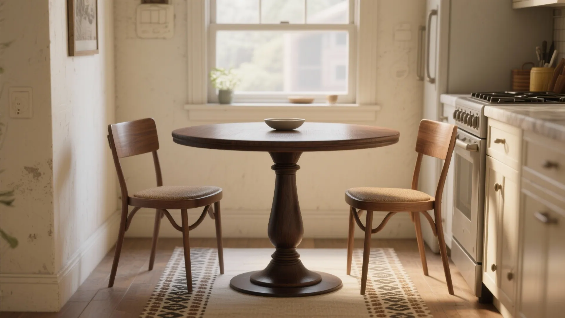 Small dining area with dark wood round table, two chairs, patterned rug, and window light