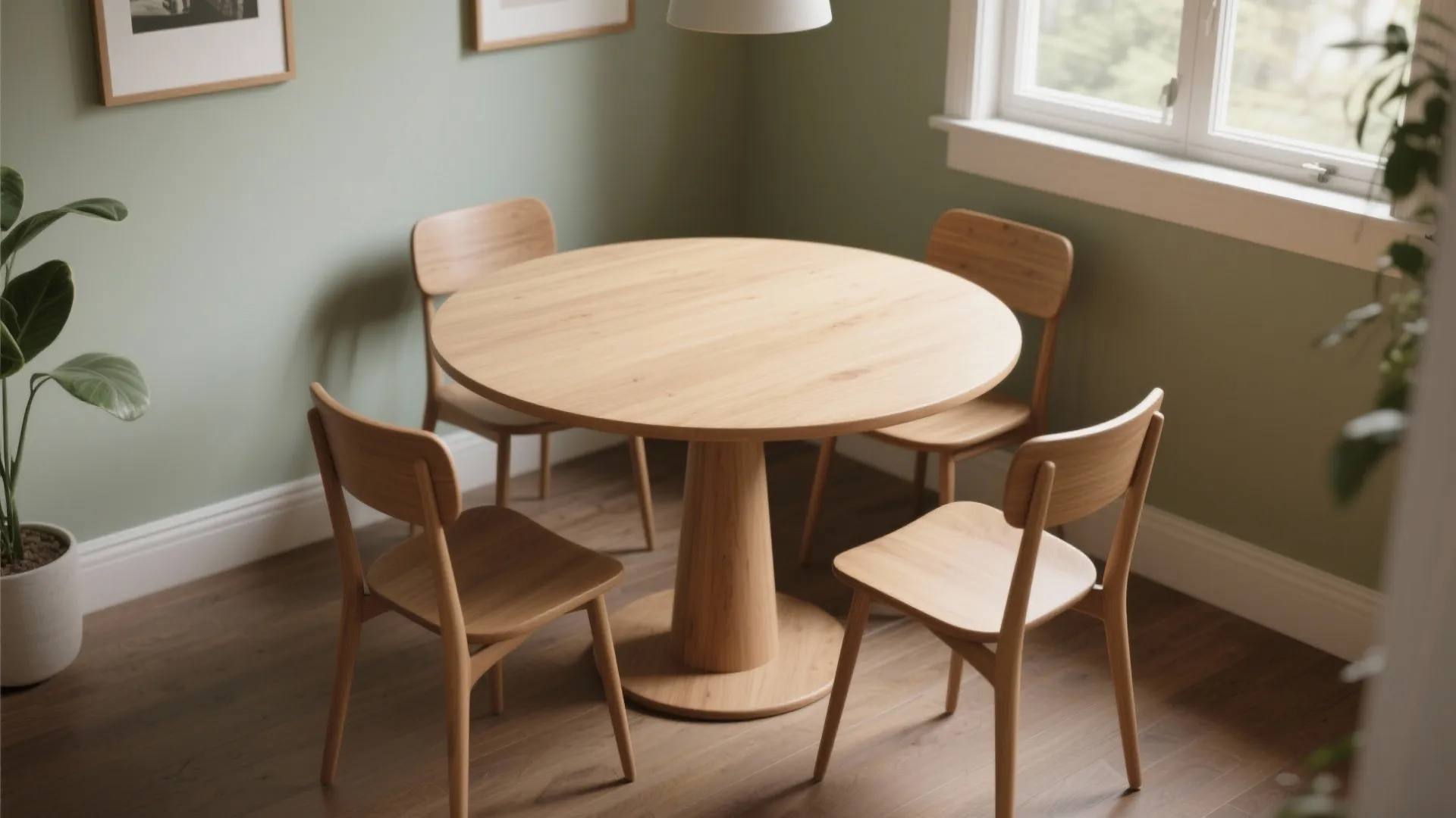 1. Round pedestal table + slim chairs