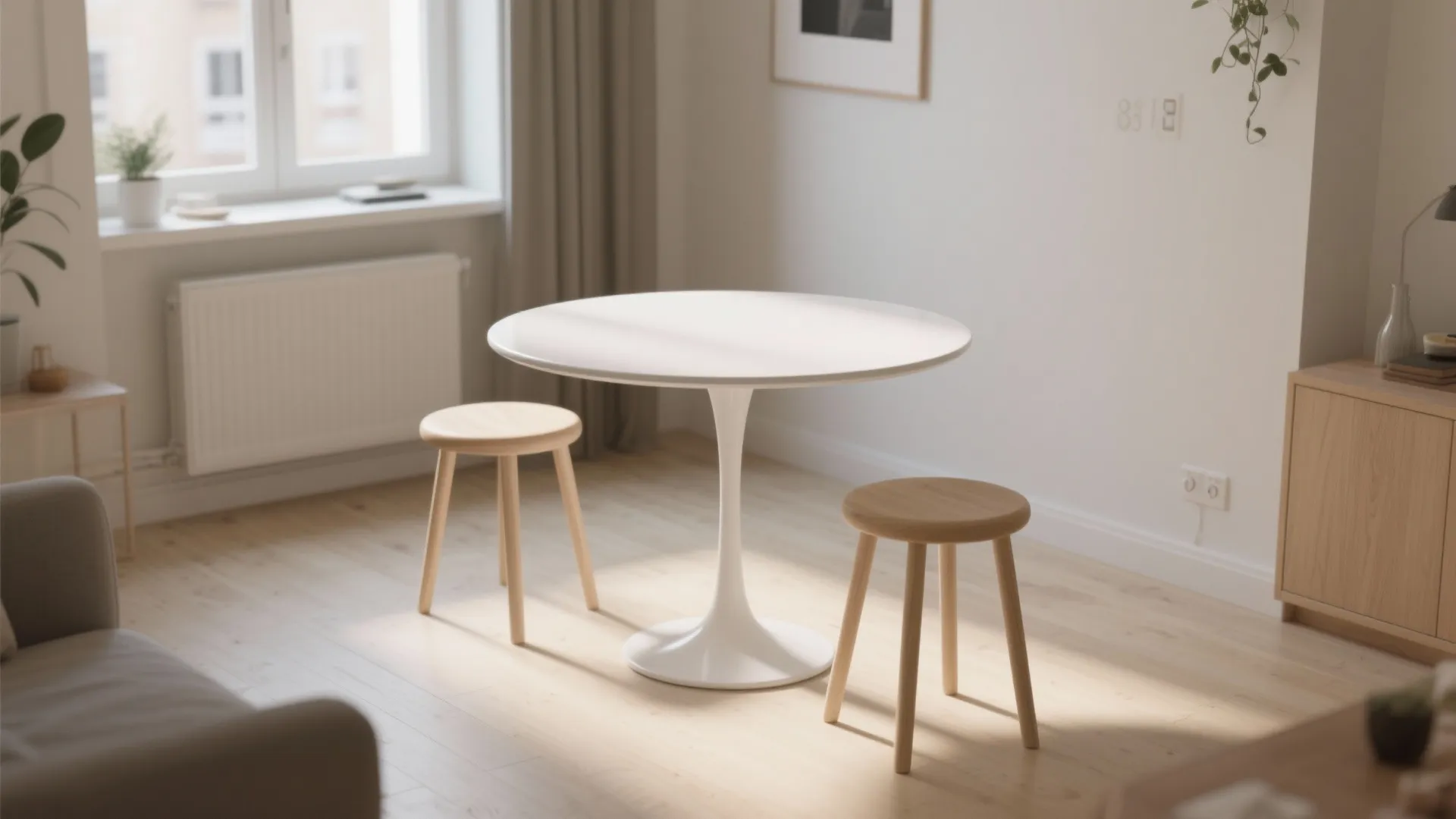Minimalist dining area featuring a white round table two wooden stools and bright natural window light