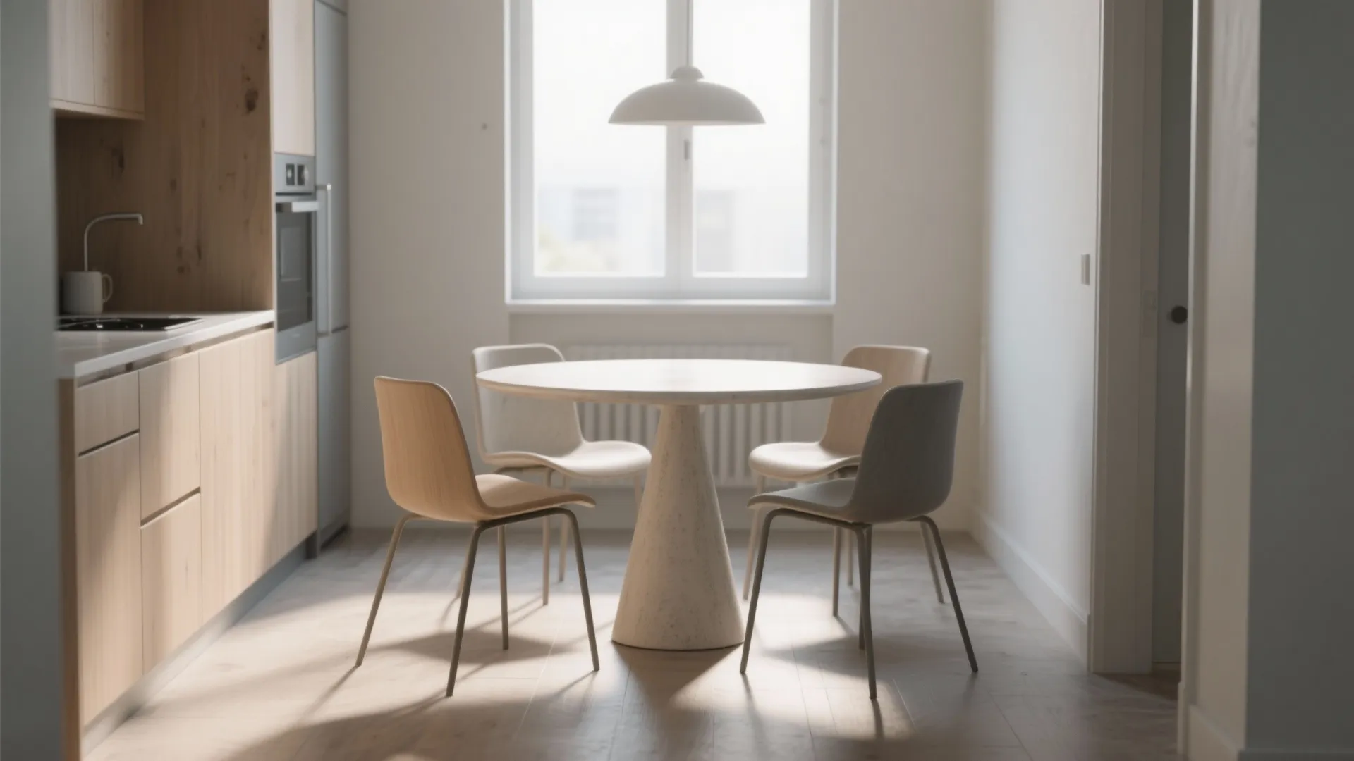 Round white dining table with four chairs in a bright kitchen area with a window