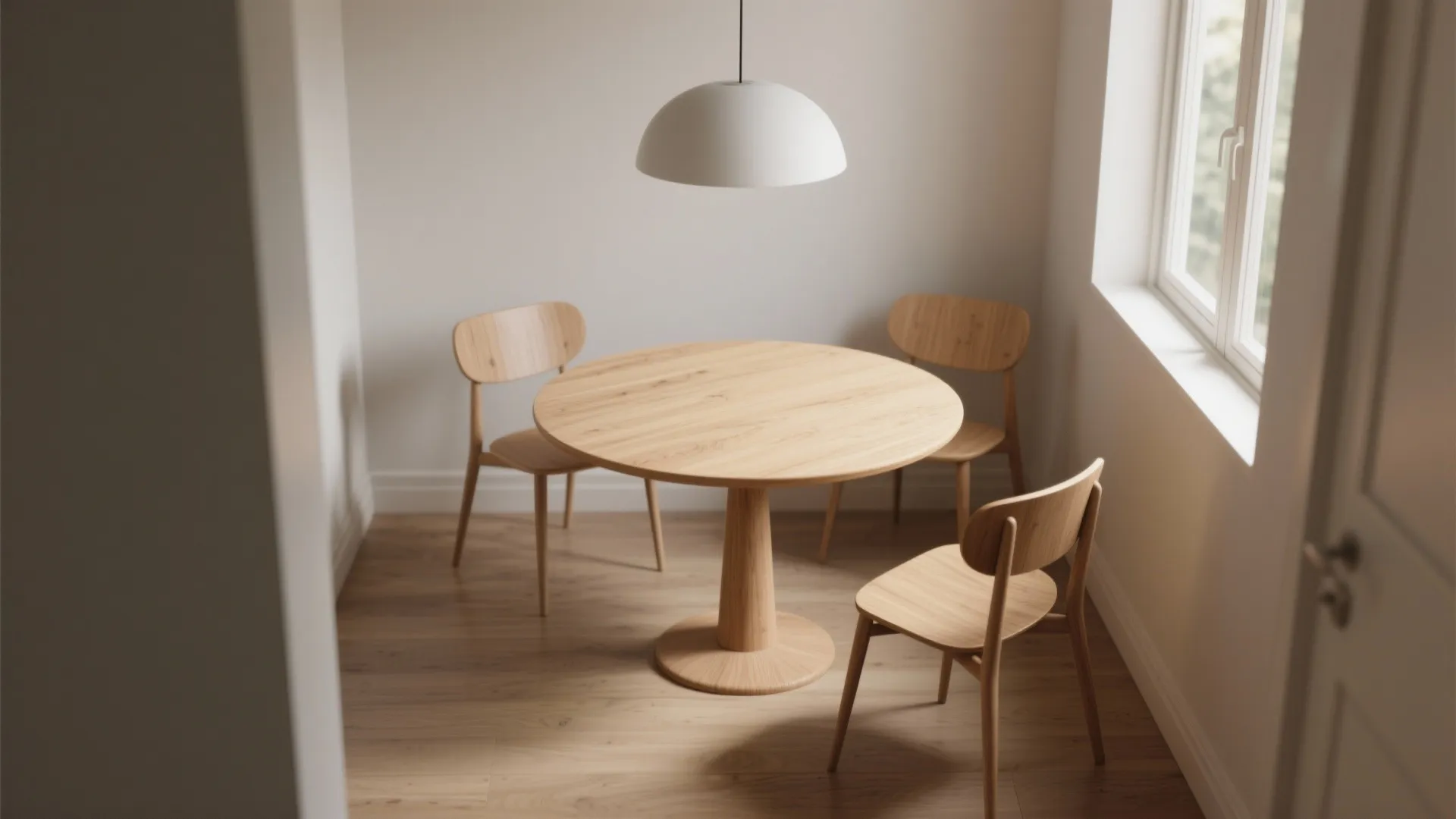 Minimalist dining area with round wooden table three matching chairs white ceiling light and window