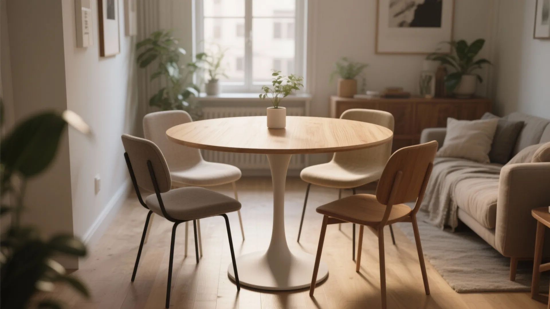 Round wooden table with single center leg surrounded by four chairs in a bright room