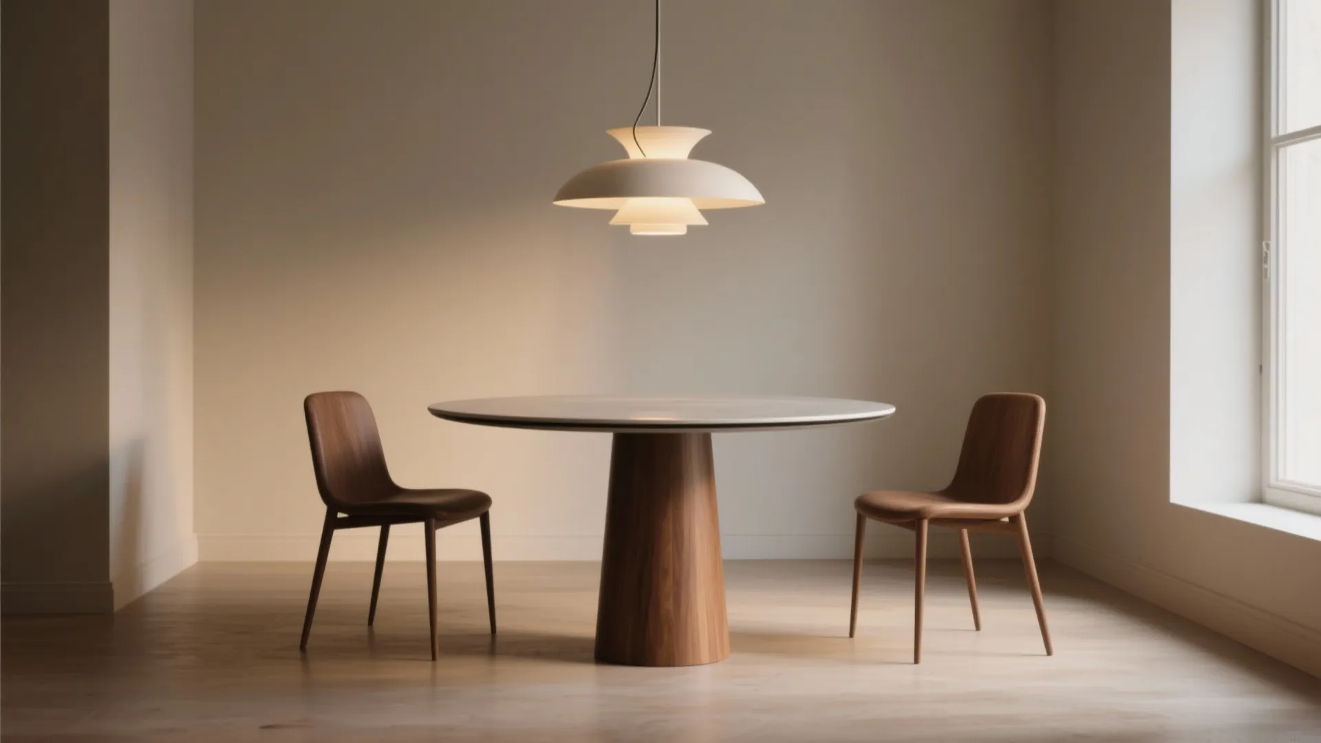 Minimalist dining room with round wooden table two matching chairs and white hanging ceiling light