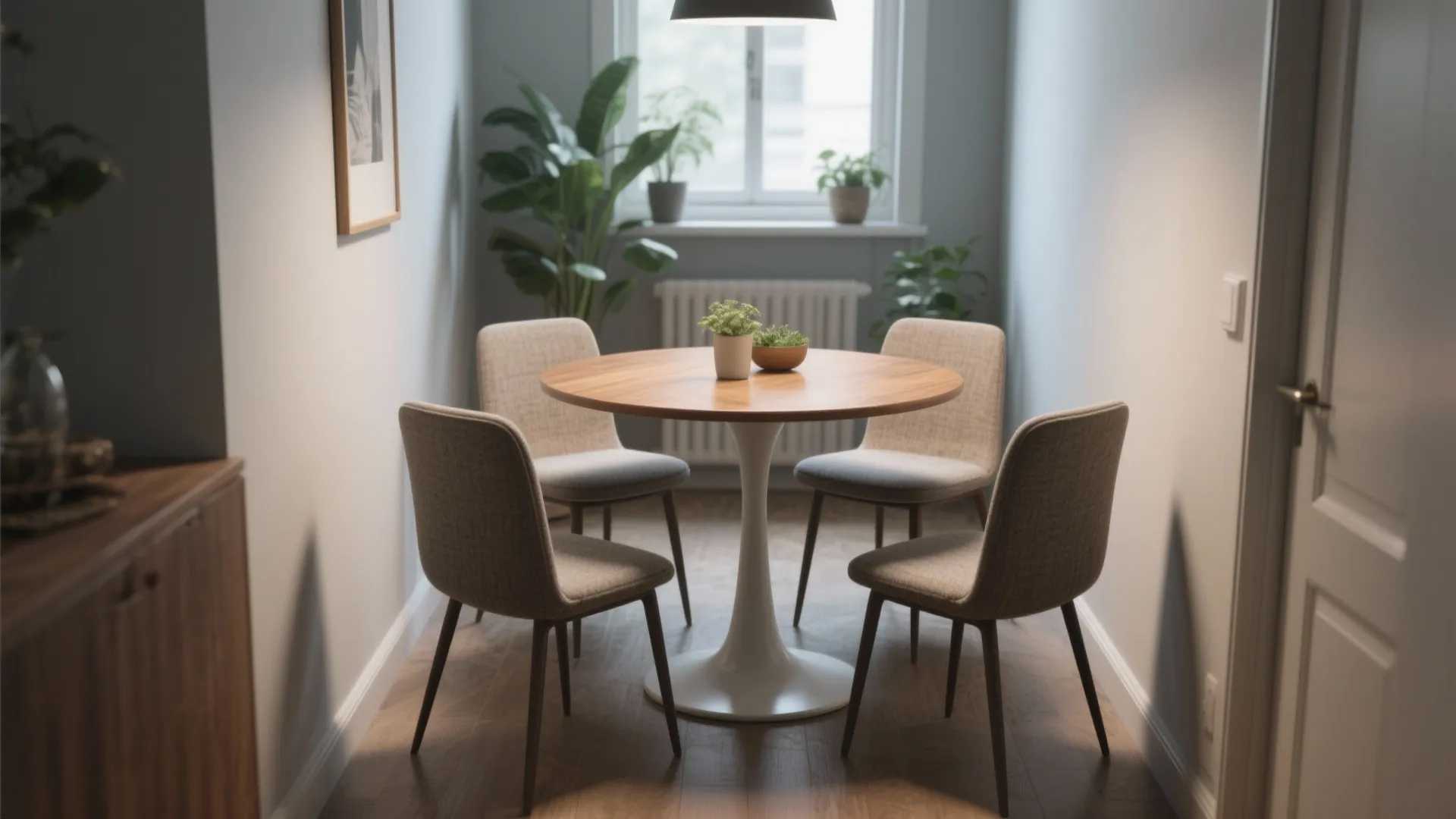 Small dining area with round wooden table four grey chairs potted plants and a large window
