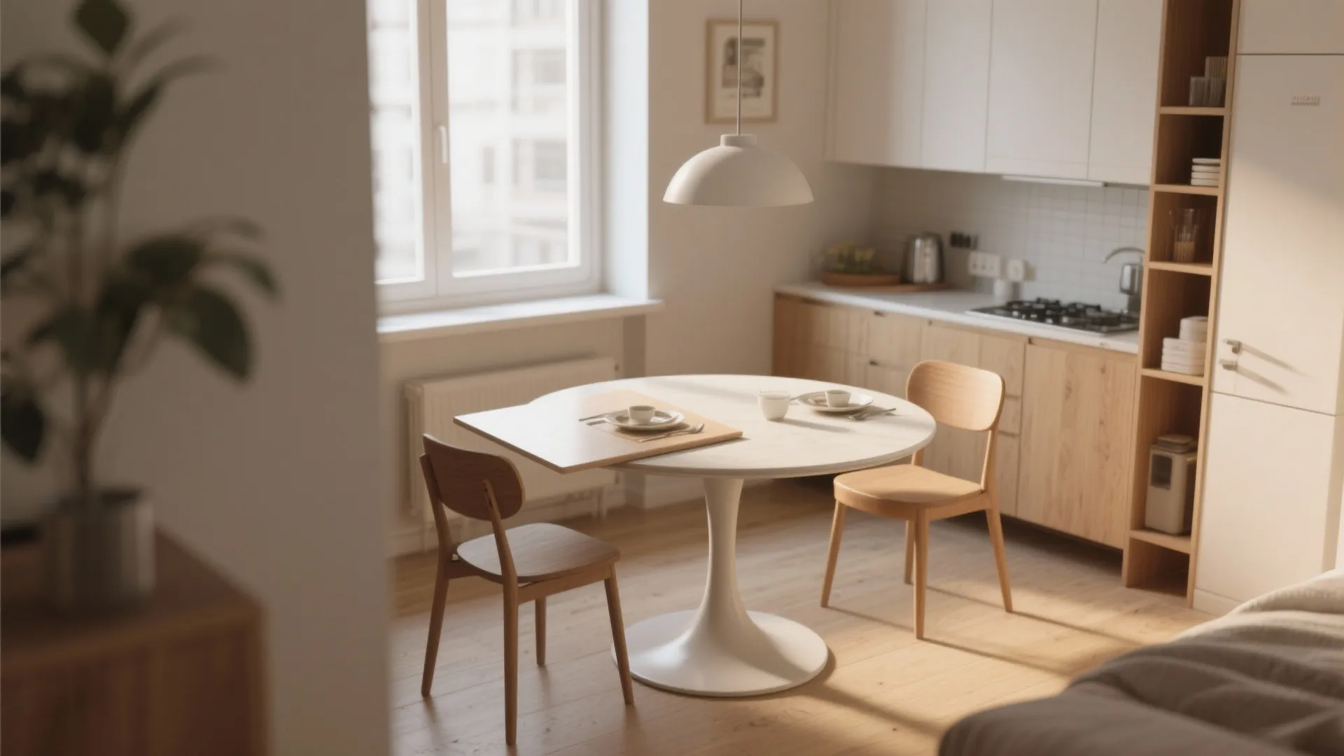 Modern kitchen with a round white table, two wooden chairs, white ceiling light, and window