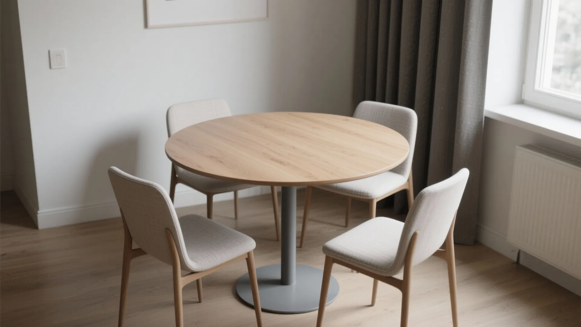 Round pedestal table with slim-profile seating