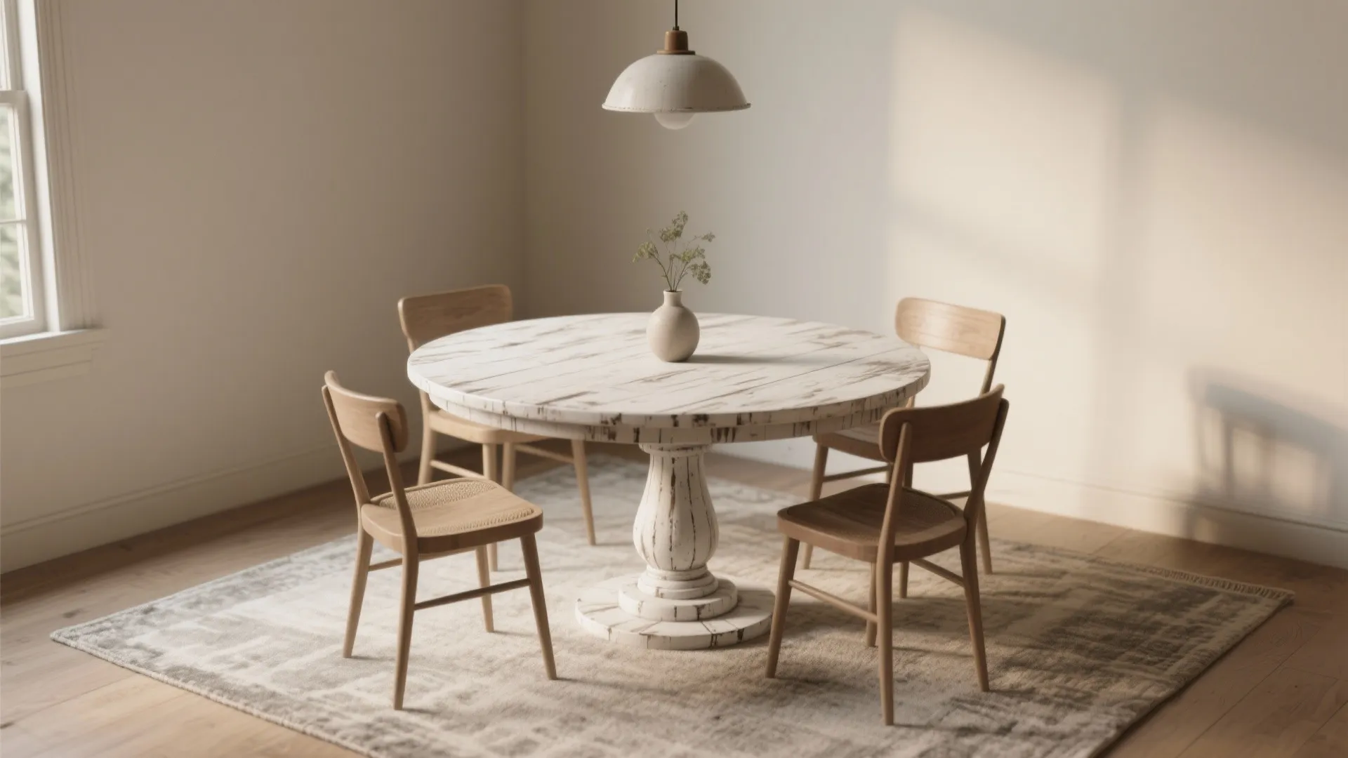 4. Round pedestal table with distressed finish