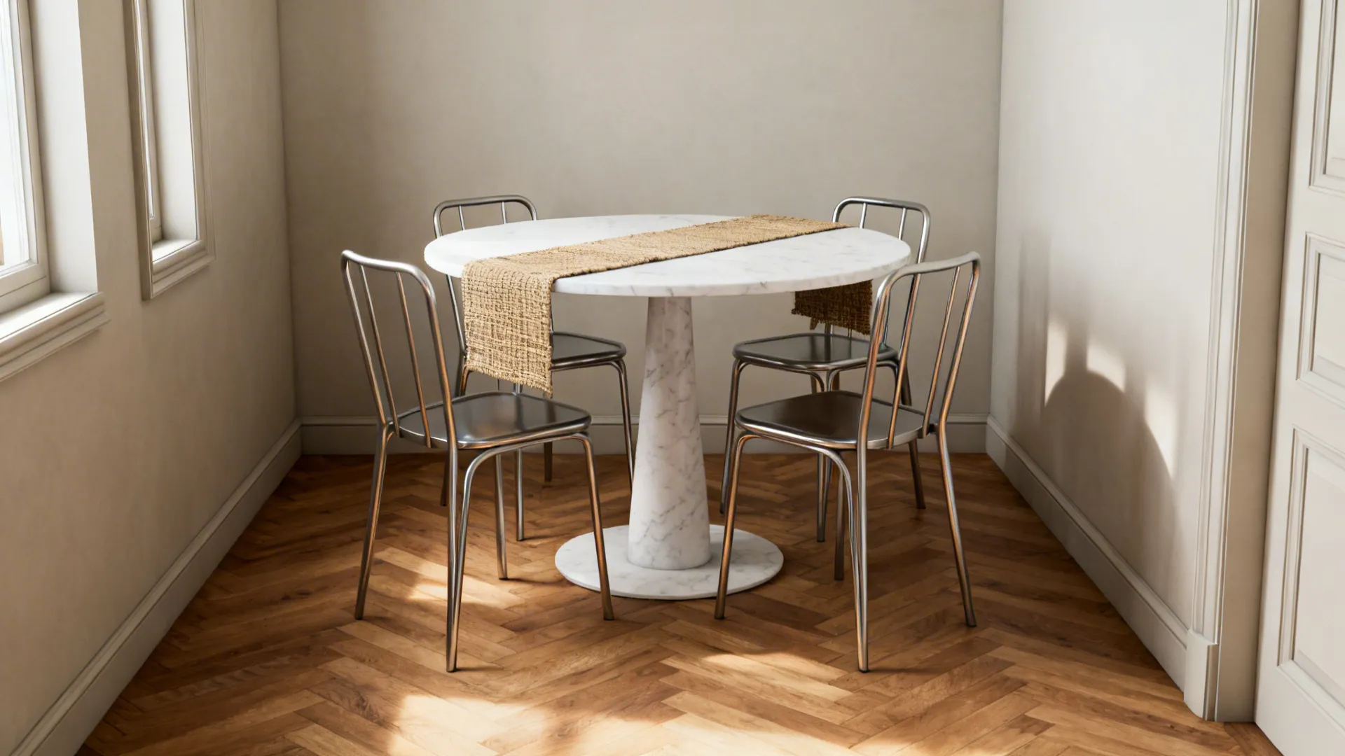 Compact dining corner with a round pedestal table and slim chairs tucked neatly.