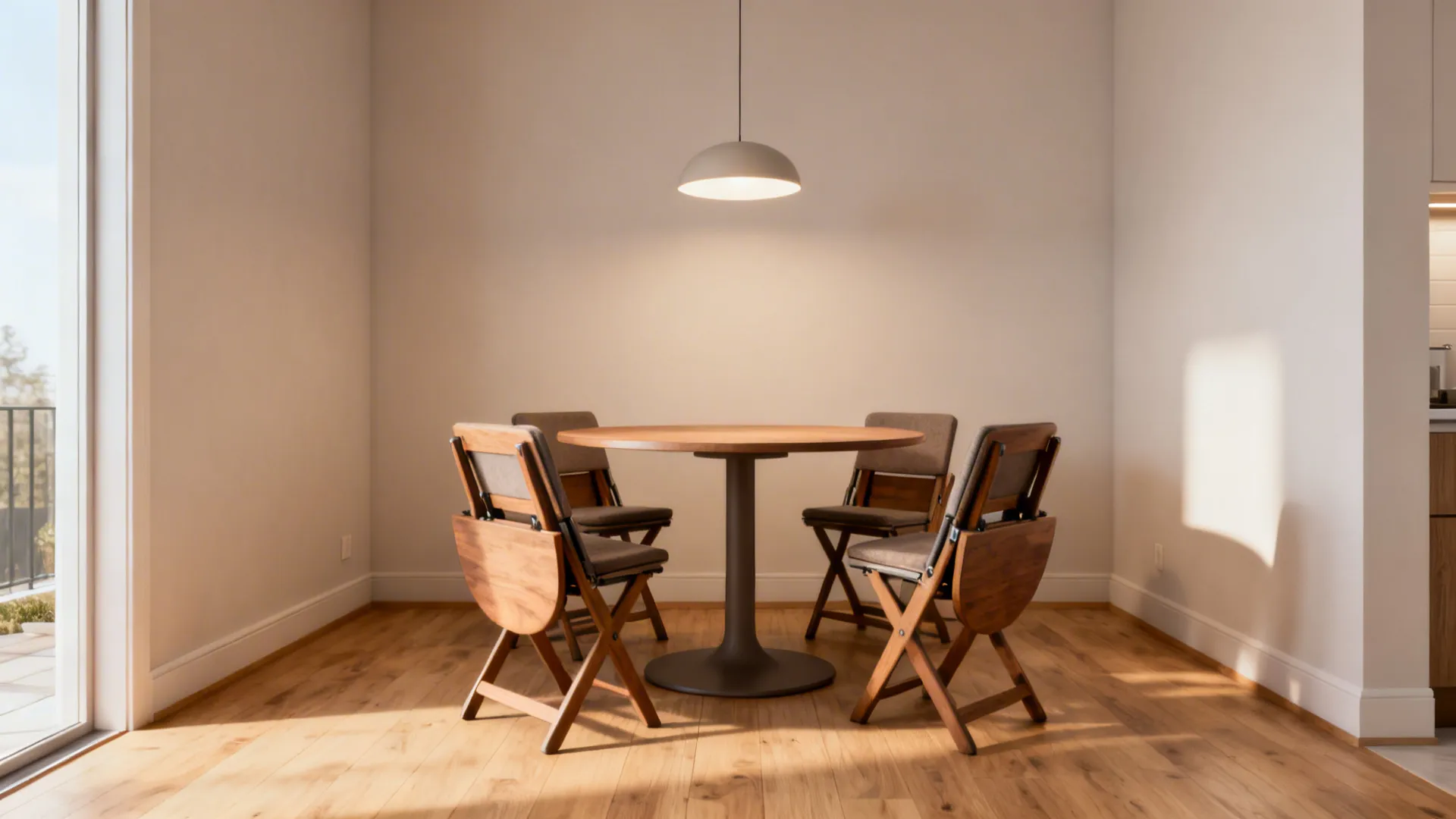Small 36-inch round pedestal table with tuckable chairs in a bright compact dining corner