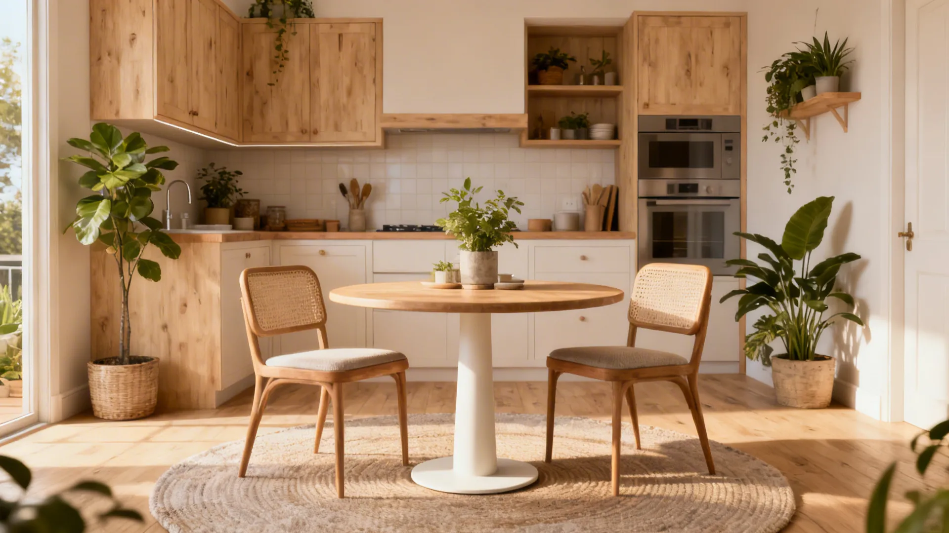Small kitchen with a round pedestal table creating clear circulation and airy feel.