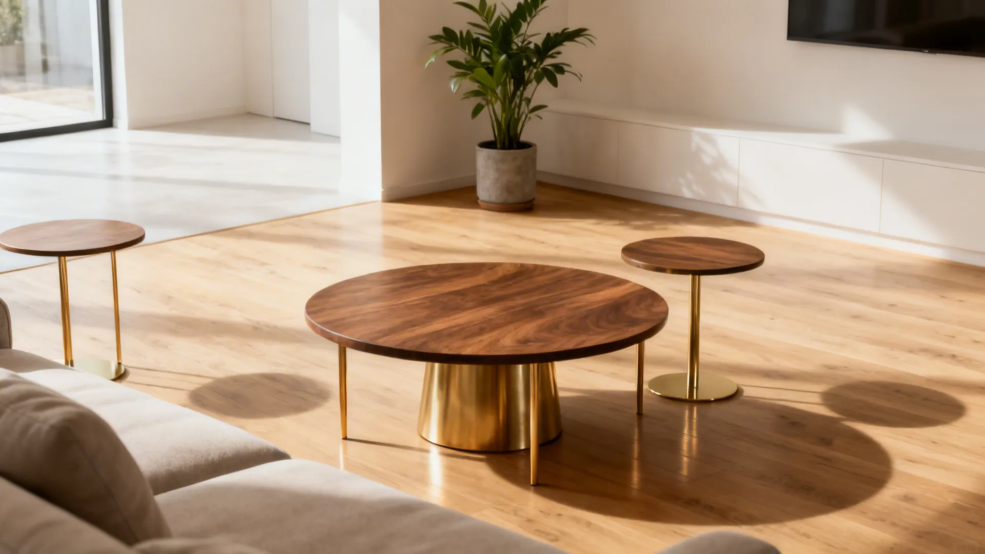 Round pedestal coffee table with brass legs and matching side tables improving traffic flow in a small living room.