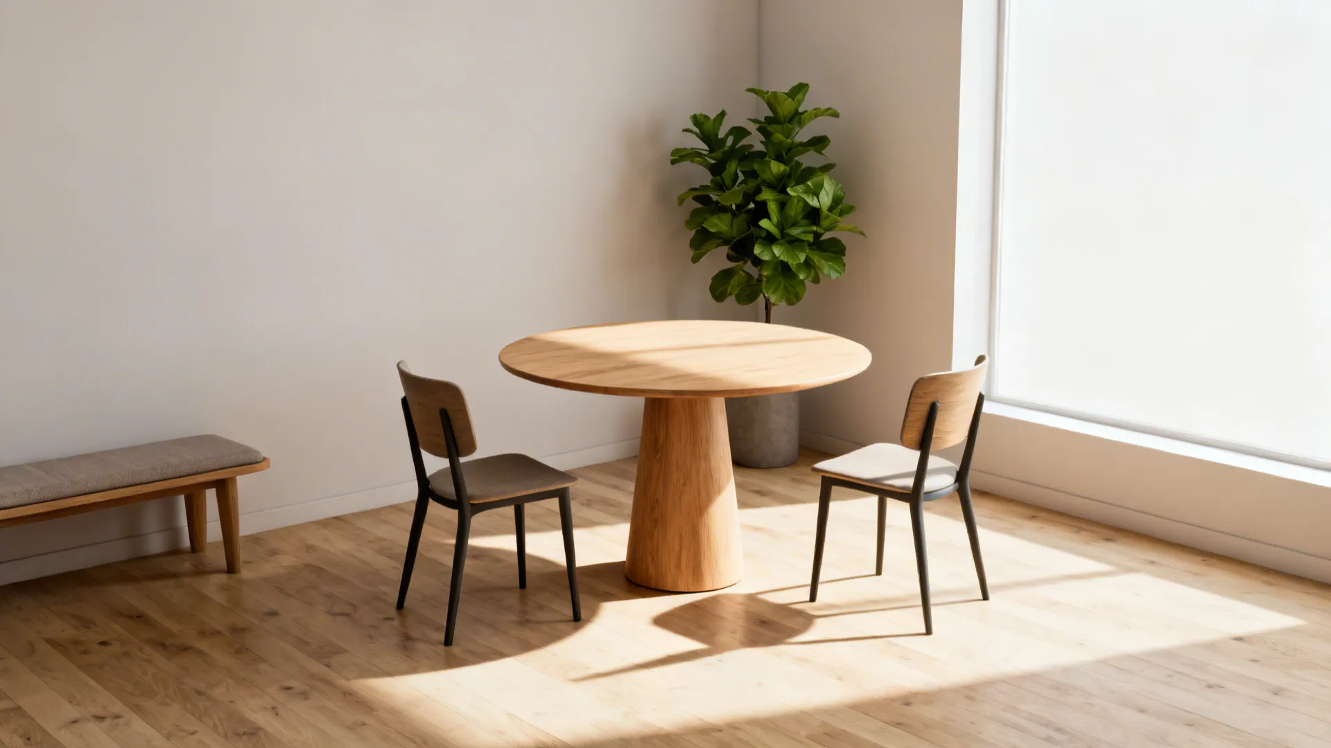 Small studio corner with a round maple pedestal table and mixed seating creating open flow