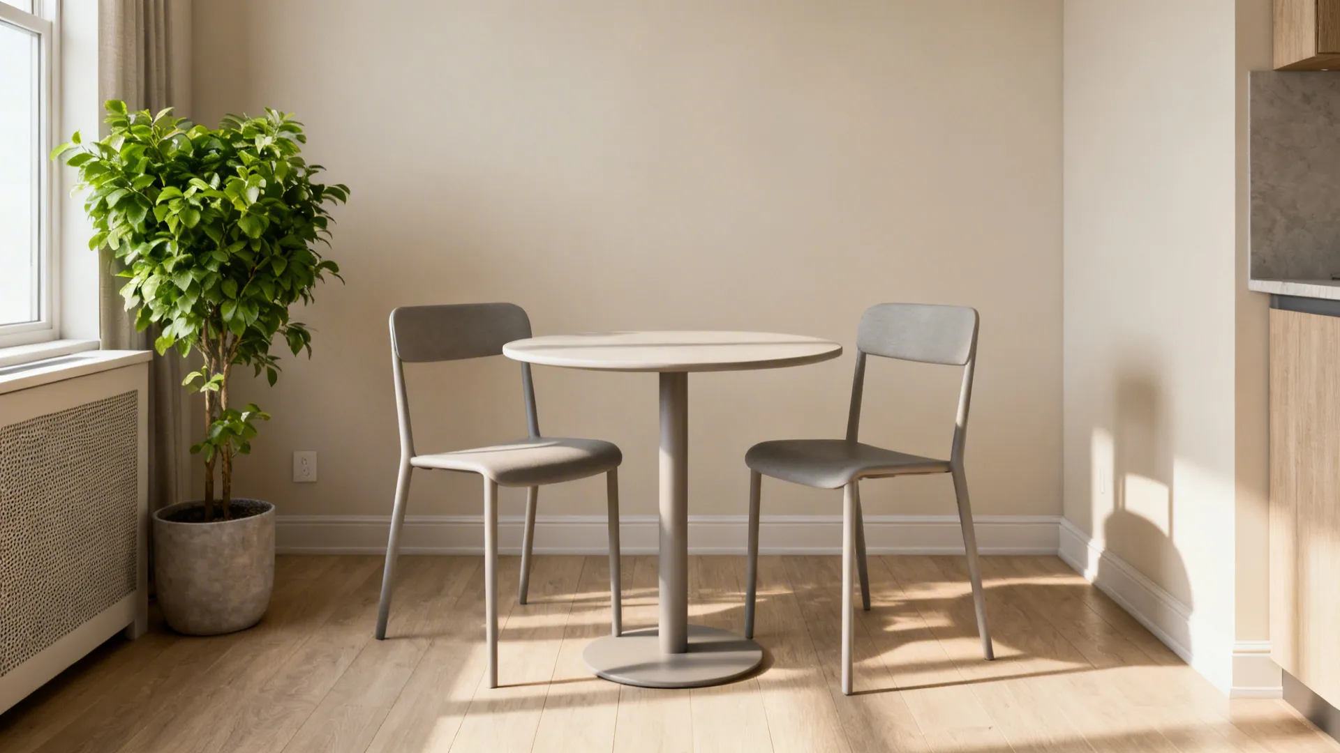 36-inch round pedestal table with slender chairs creating airy flow in a small condo