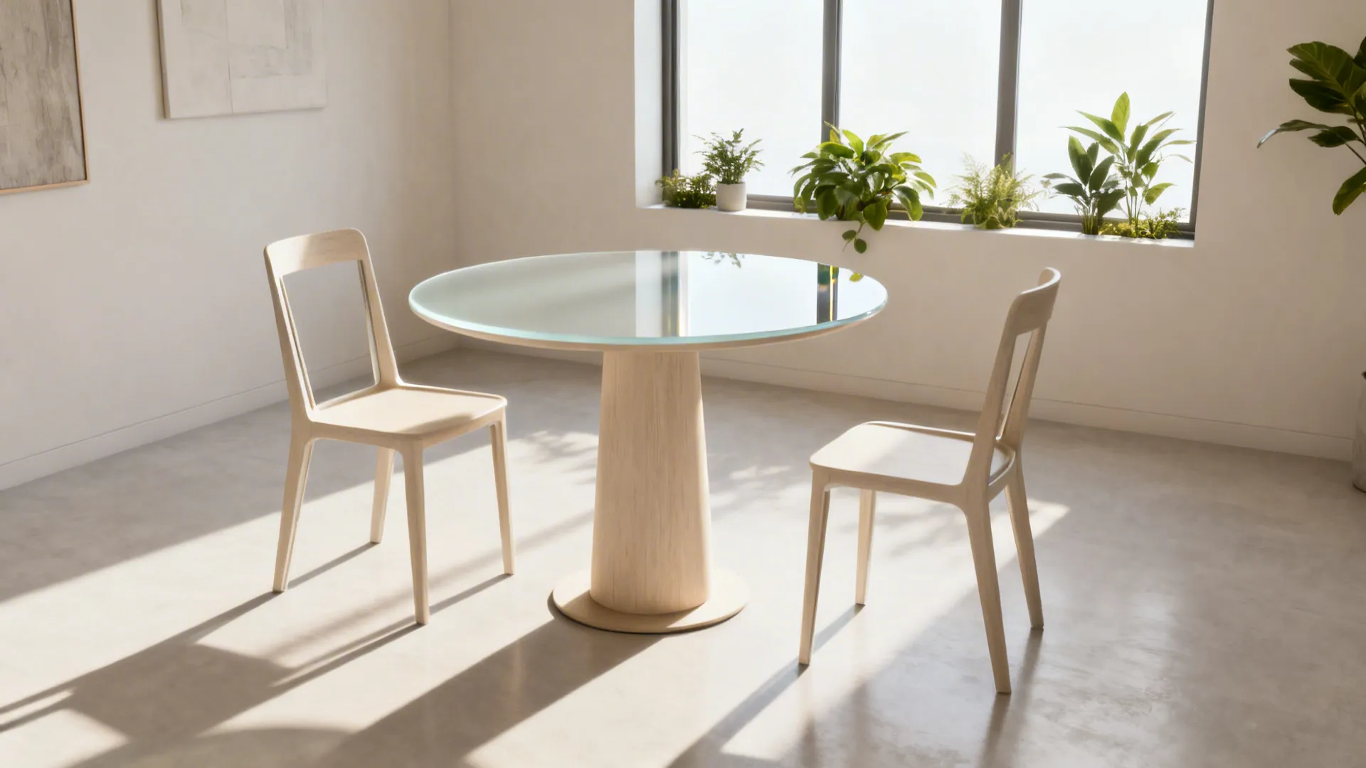 Minimalist dining room with round glass table two wooden chairs and green plants by window