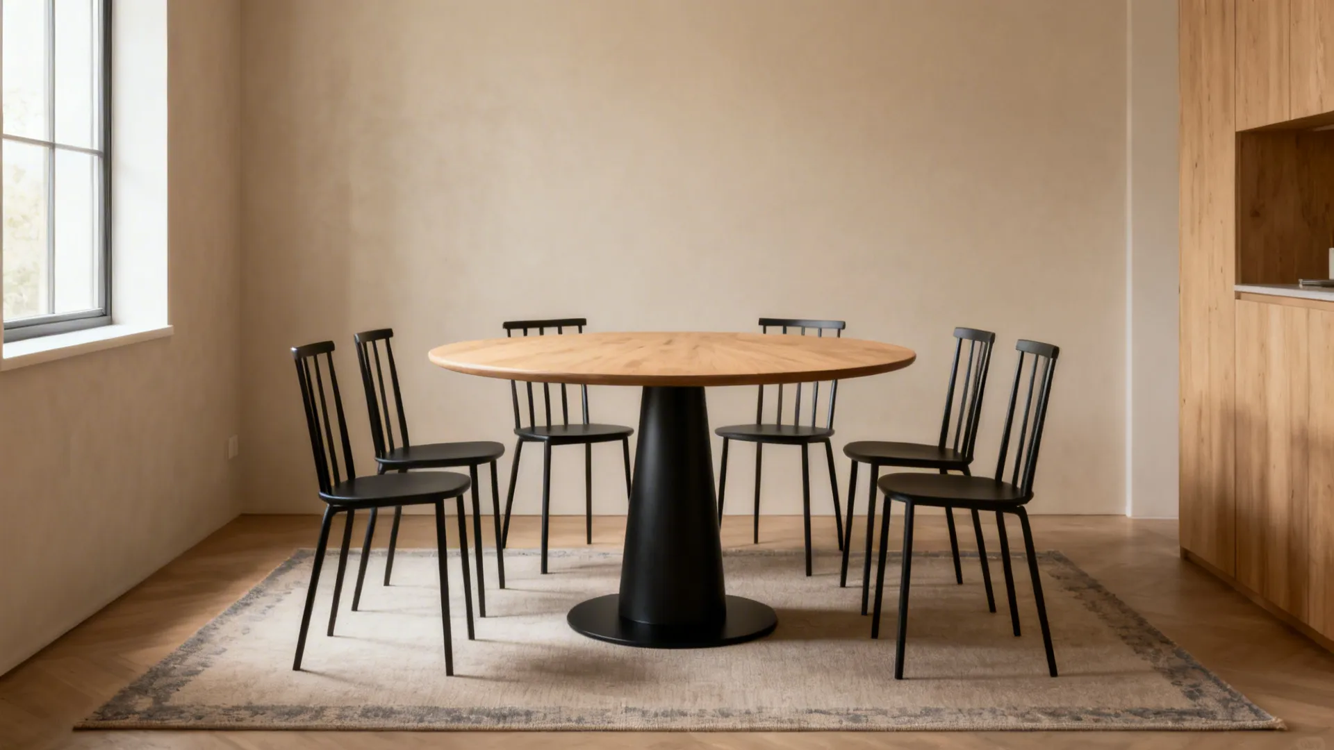 Round pedestal dining table for six with clear circulation in a small room.