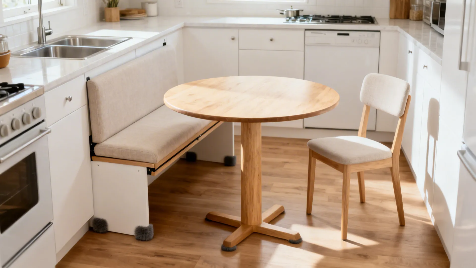 Backless bench with a round pedestal table in a narrow kitchen alcove.