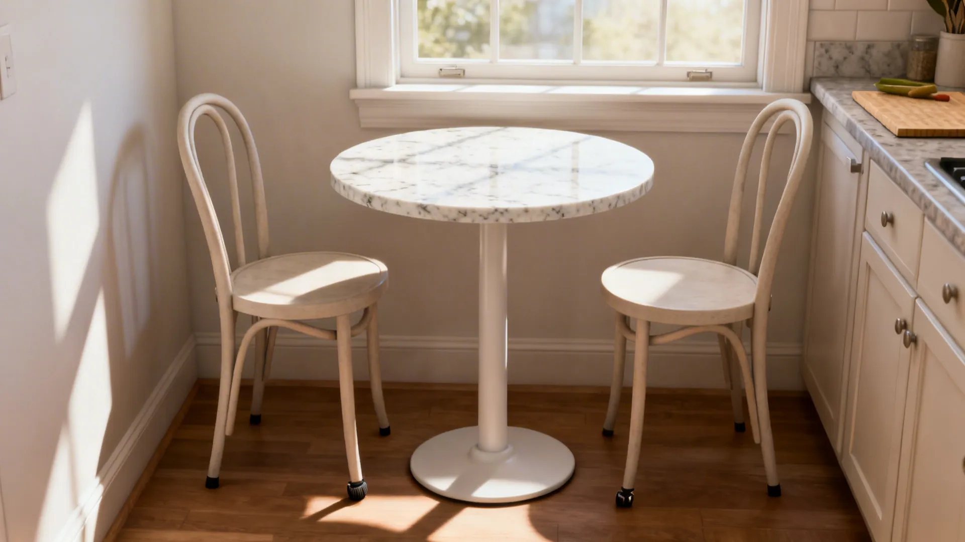 30–32 inch round pedestal bistro table in a small kitchen corner with soft daylight.