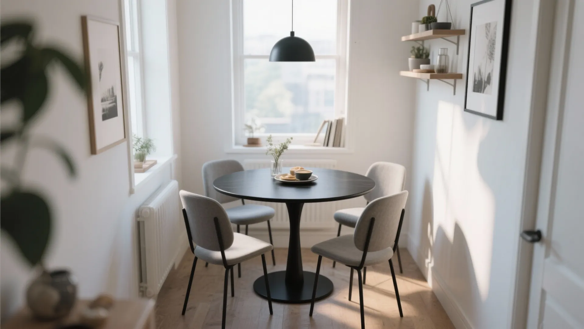 Modern round black dining table with grey chairs under a black ceiling light in kitchen