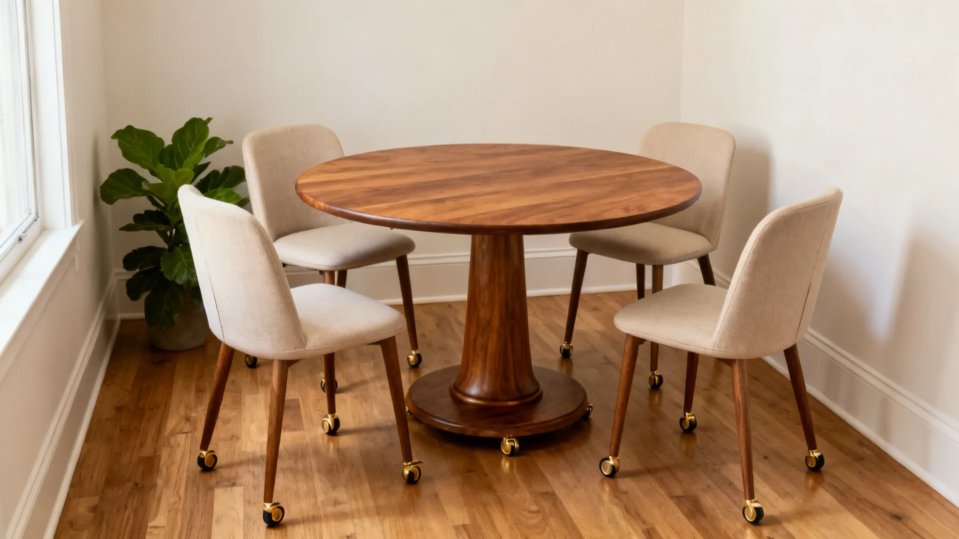 Round pedestal table on discreet brass casters in a compact dining area.