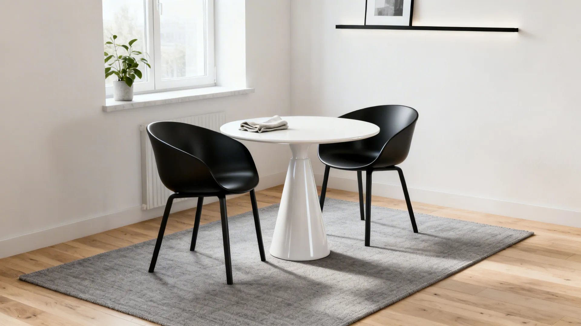 White round dining table with two black chairs on grey rug in a bright room