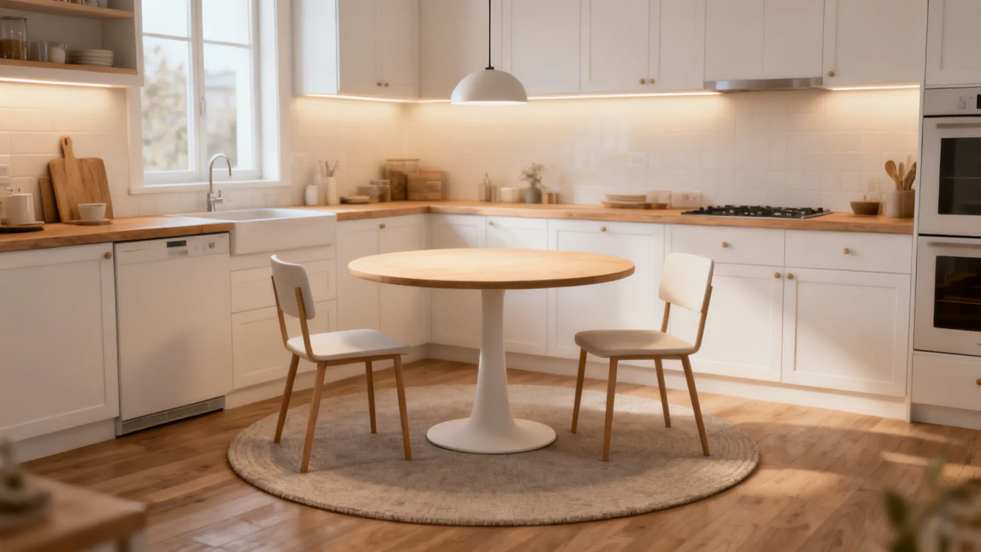 Small round pedestal table with two armless chairs under a warm pendant in a kitchen corner.