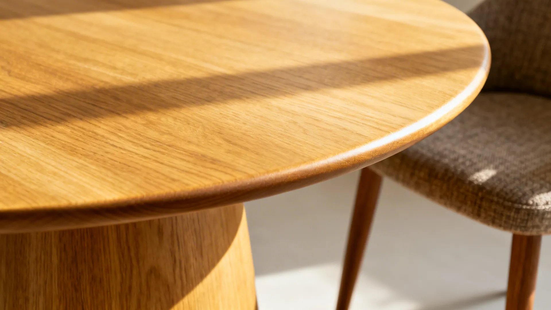 Close up of a round wooden table surface showing natural wood grain texture and sunlight