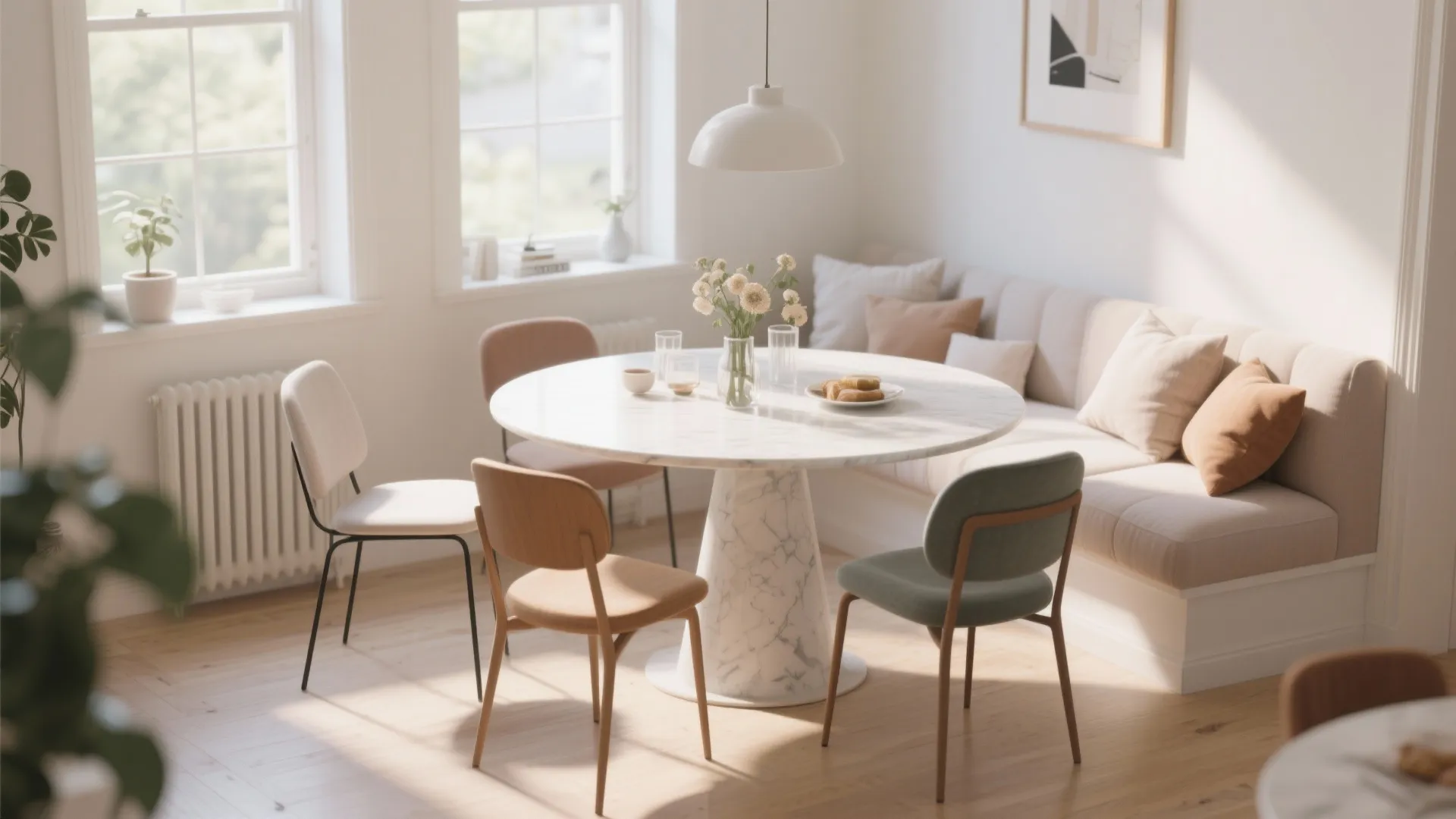 Modern dining room featuring white marble round table with colorful chairs and soft corner bench