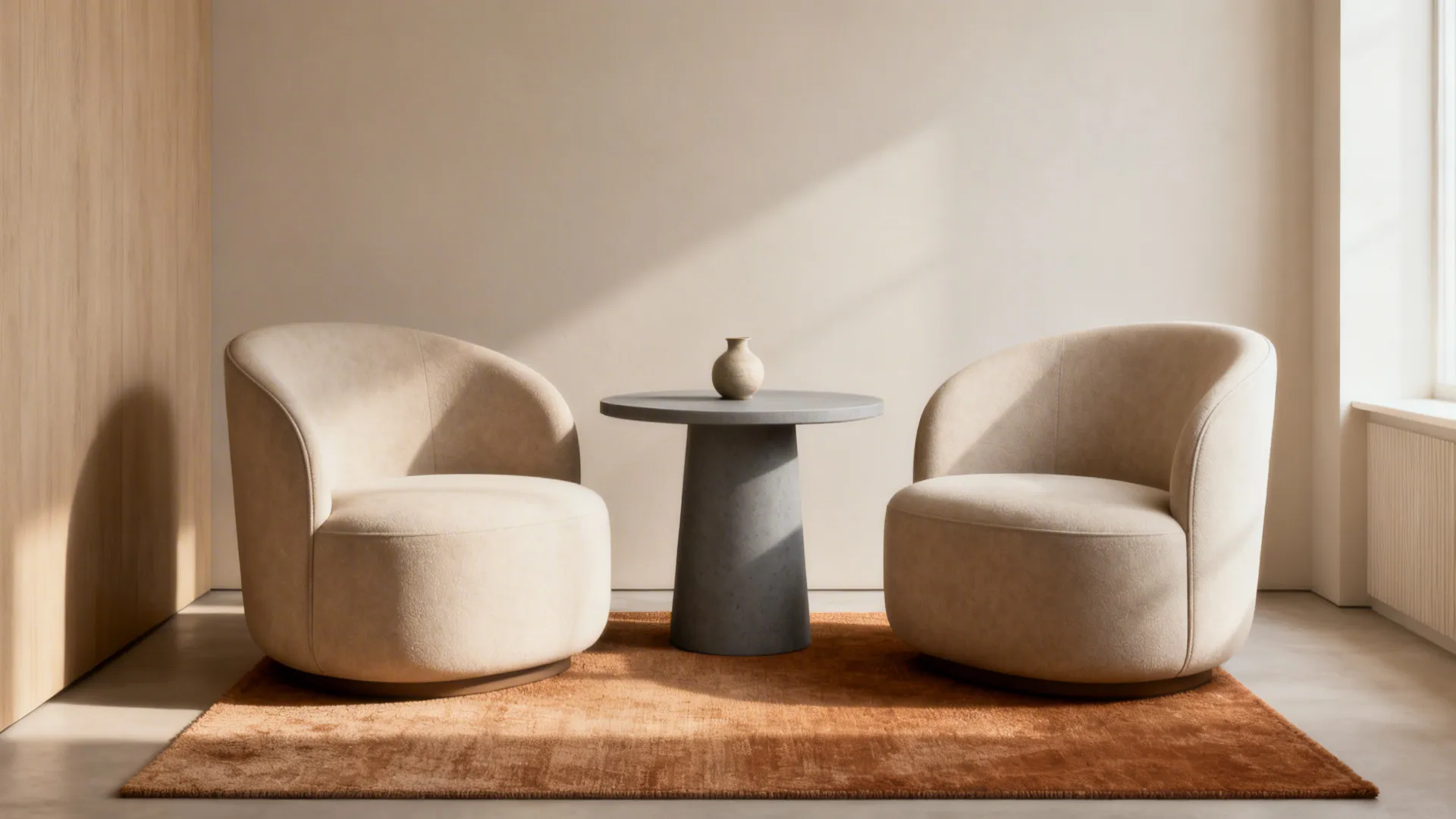 Round gray pedestal end table between two armchairs in a cozy small living area