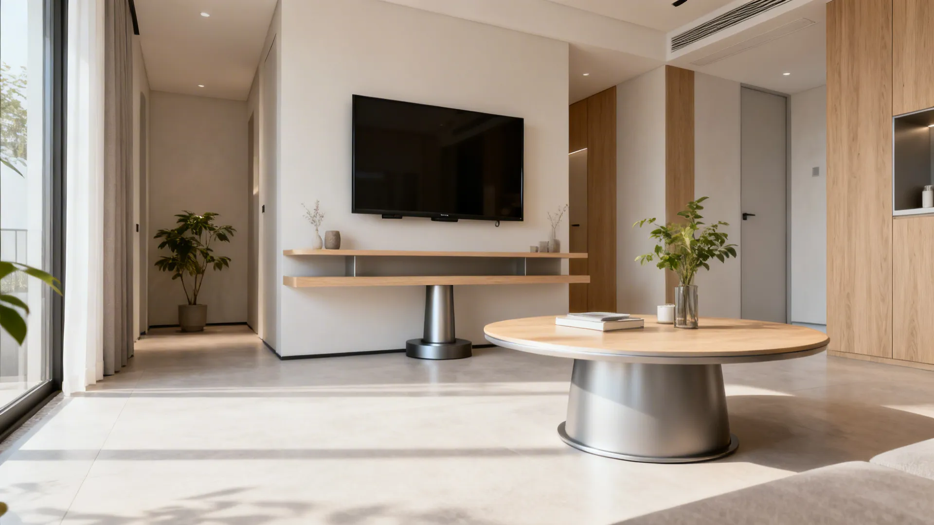 2. Round pedestal table set + floating TV shelf