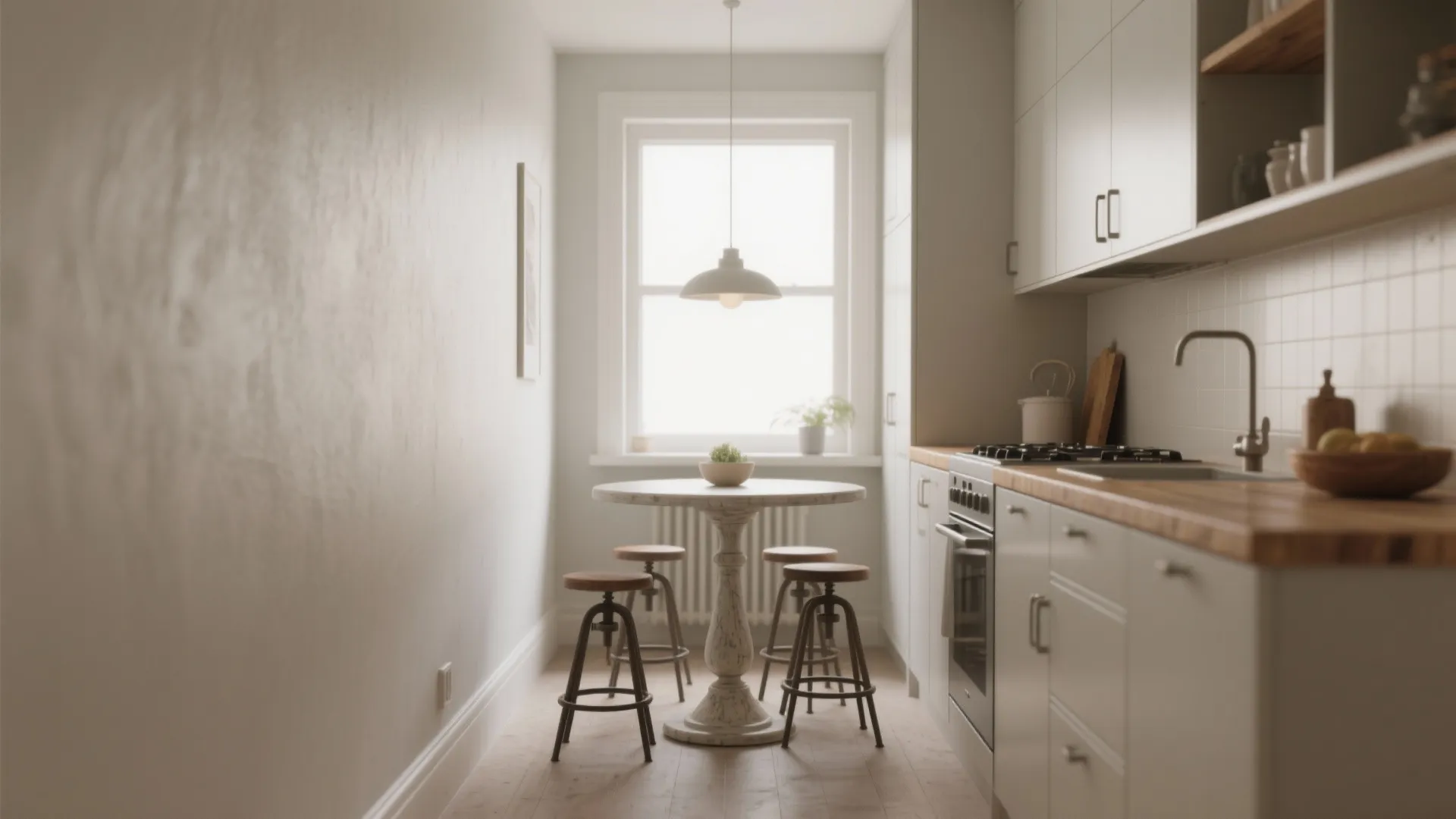Small round vintage pedestal table in a narrow galley kitchen improving traffic flow with stackable stools.