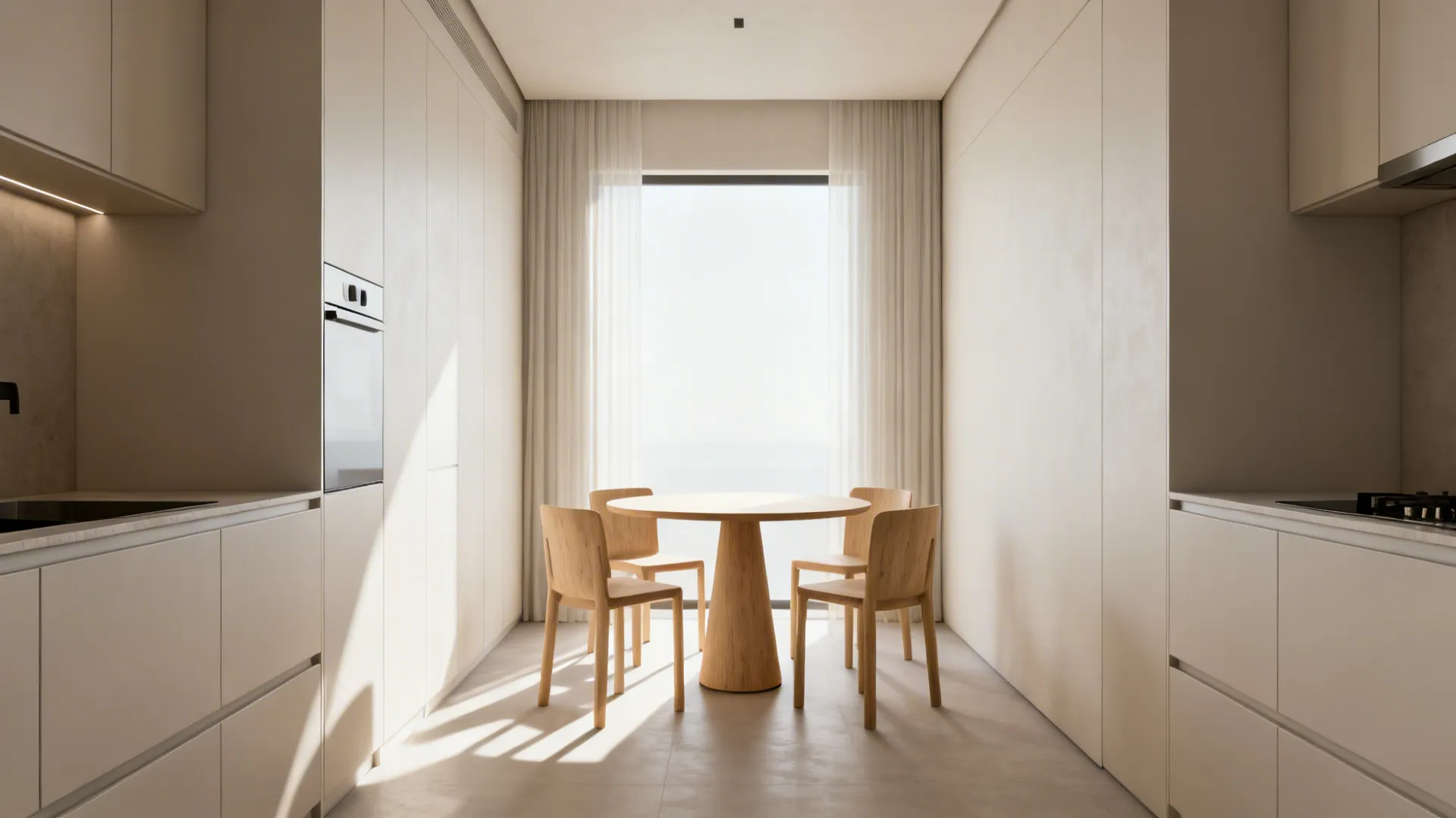 Narrow kitchen with a compact round pedestal table and armless chairs that improve traffic flow.