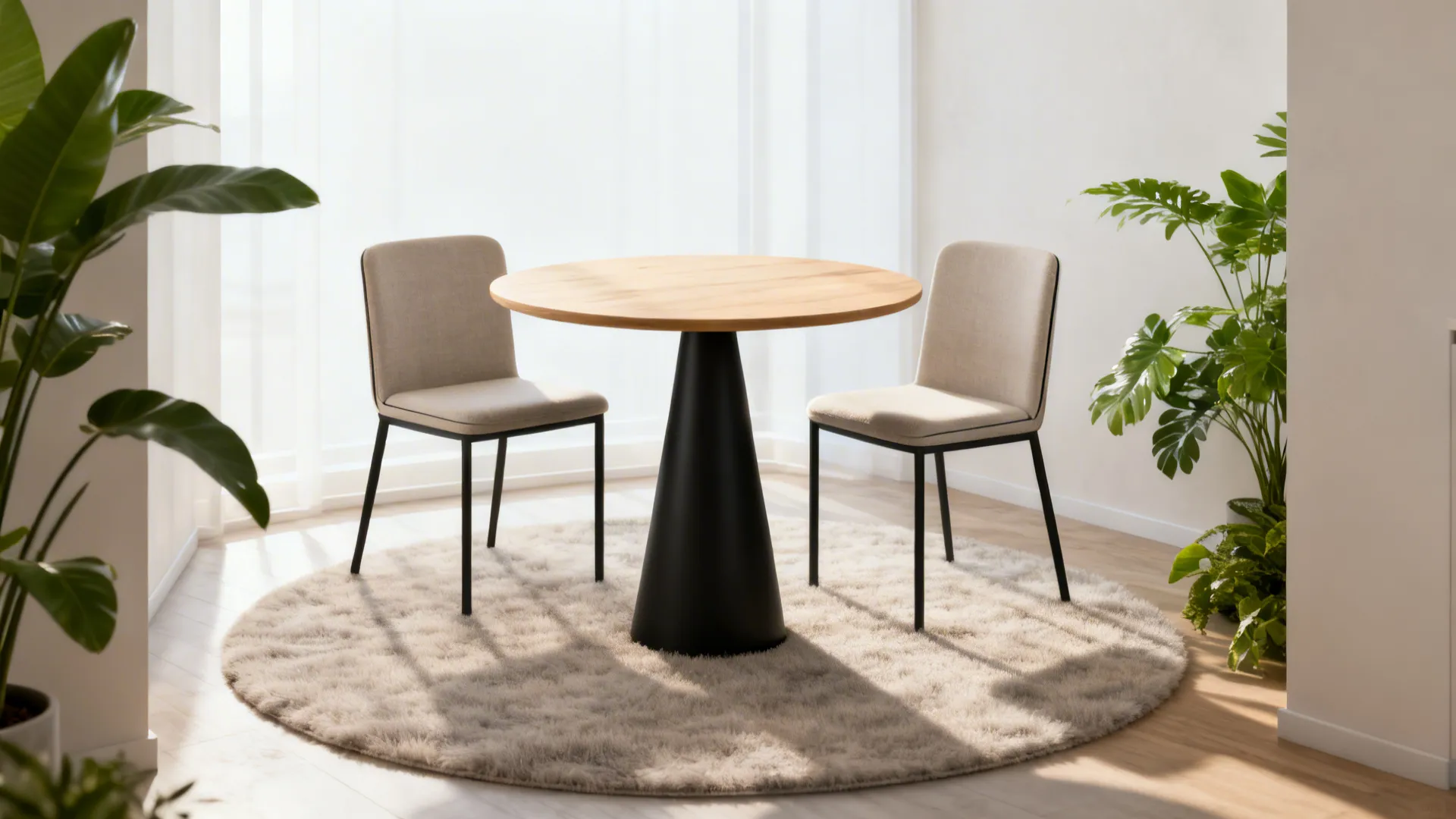 Round pedestal dining table in a small nook allowing easy circulation and tucked chairs.