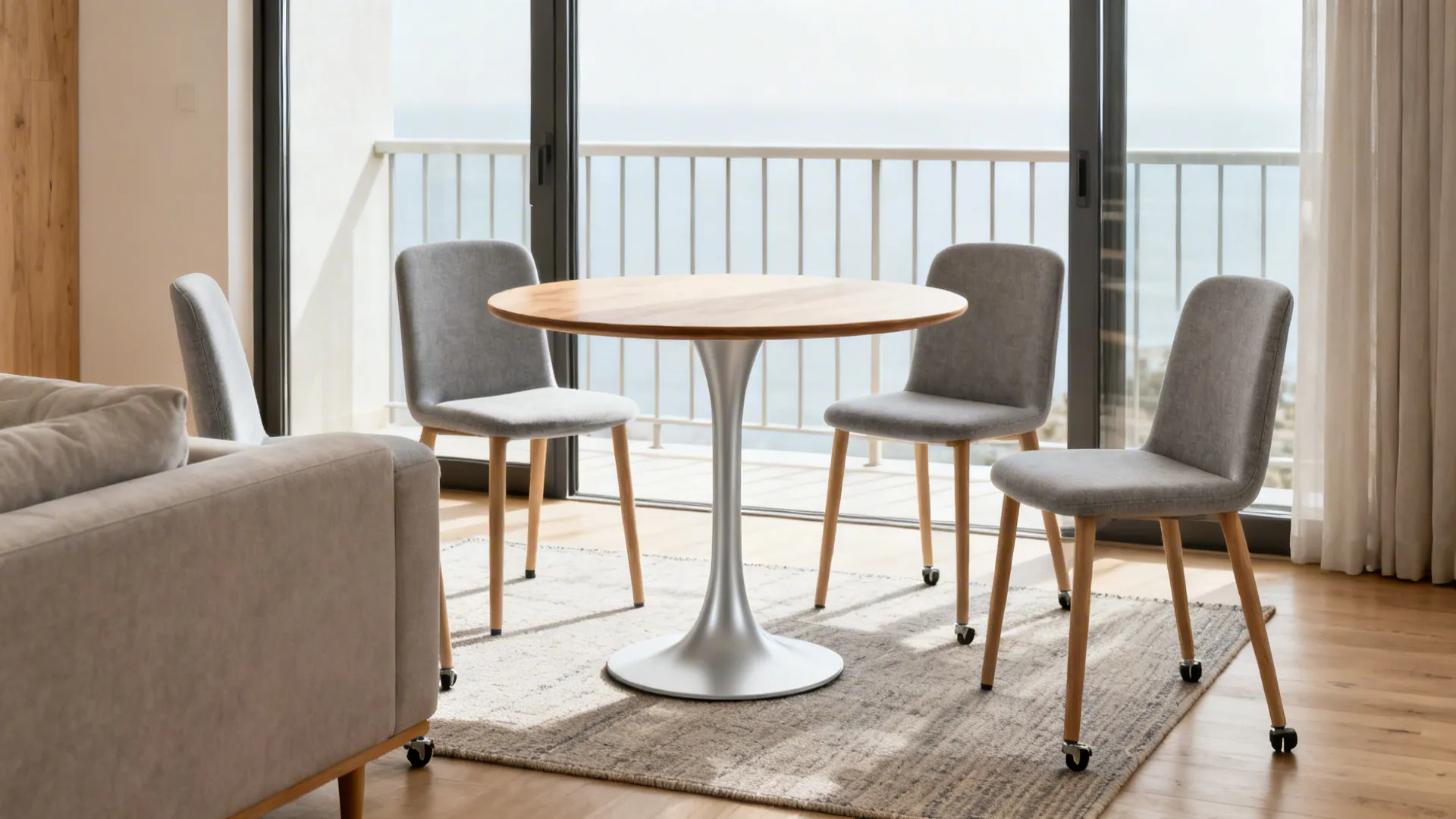 Round tulip pedestal table near a sofa in a bright small living room for better flow.